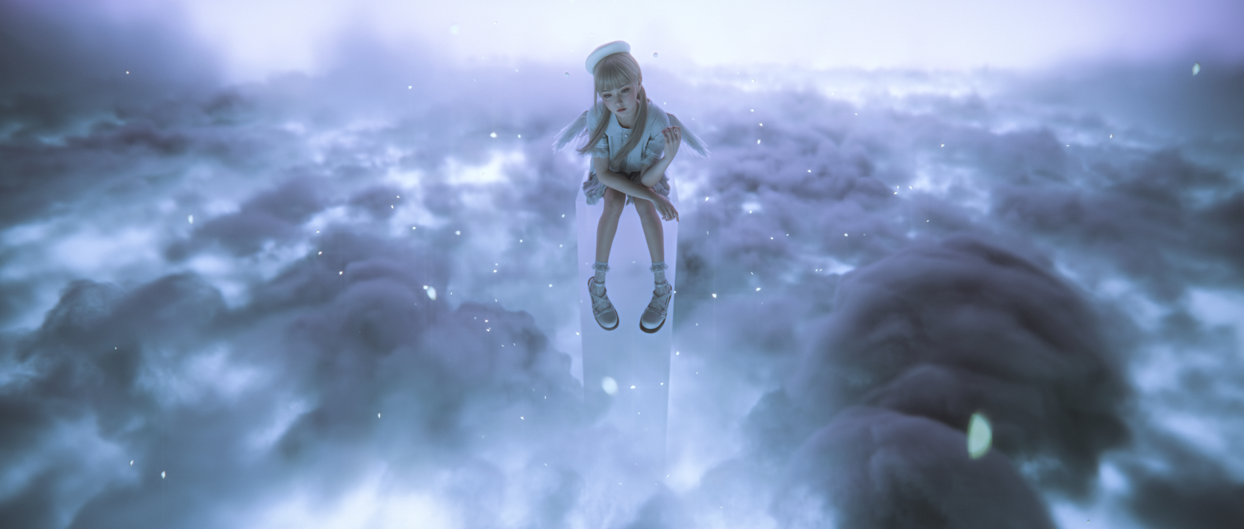 Shoe Lac3 Digital Art Artwork Illustration CGi Sitting Women Fantasy Art Fantasy Girl Clouds Wings A 5076x2160