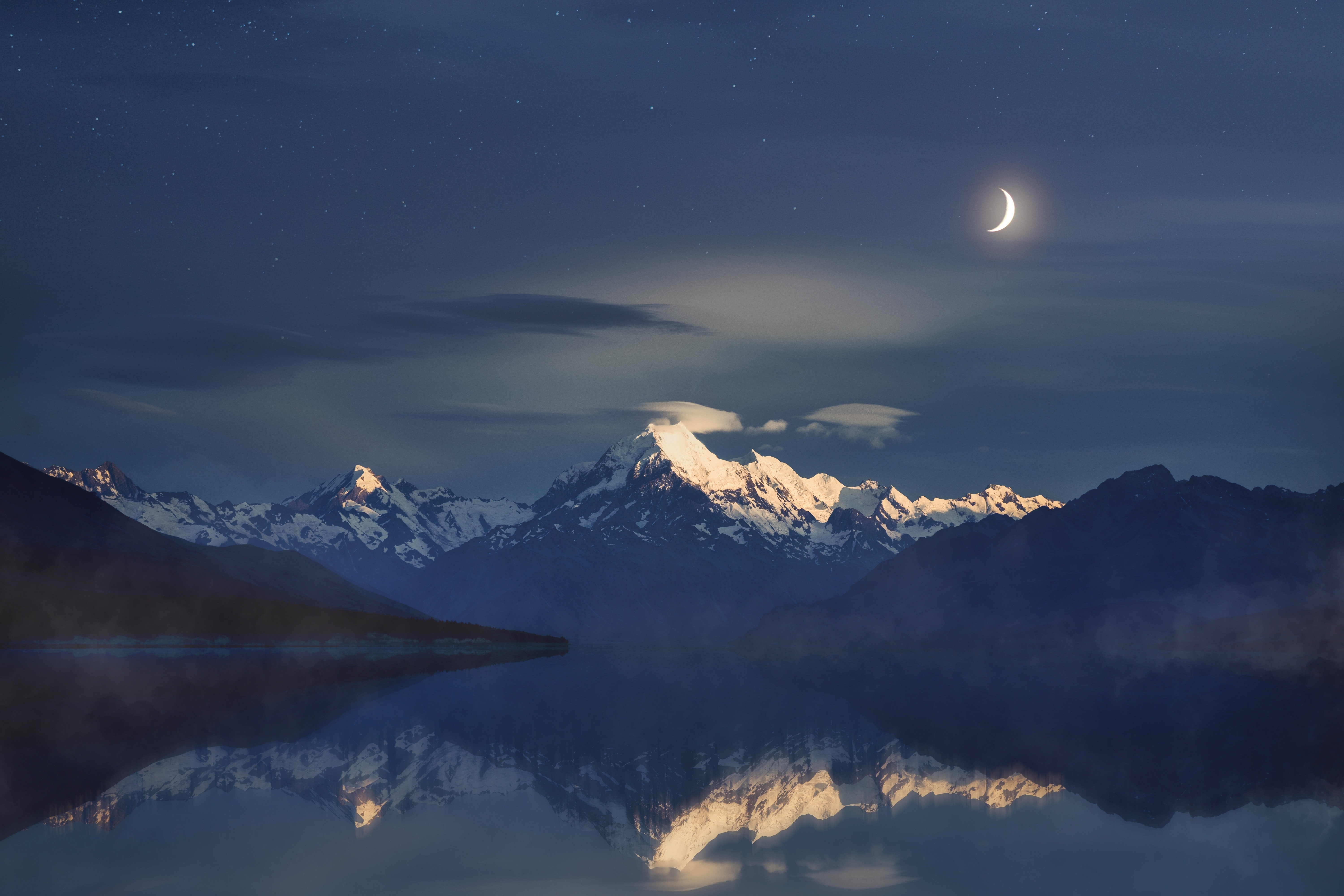 Photography Reflection Landscape Night Nightscape New Zealand Mount Cook Moon Mountains Peak Lake Wa 6000x4000