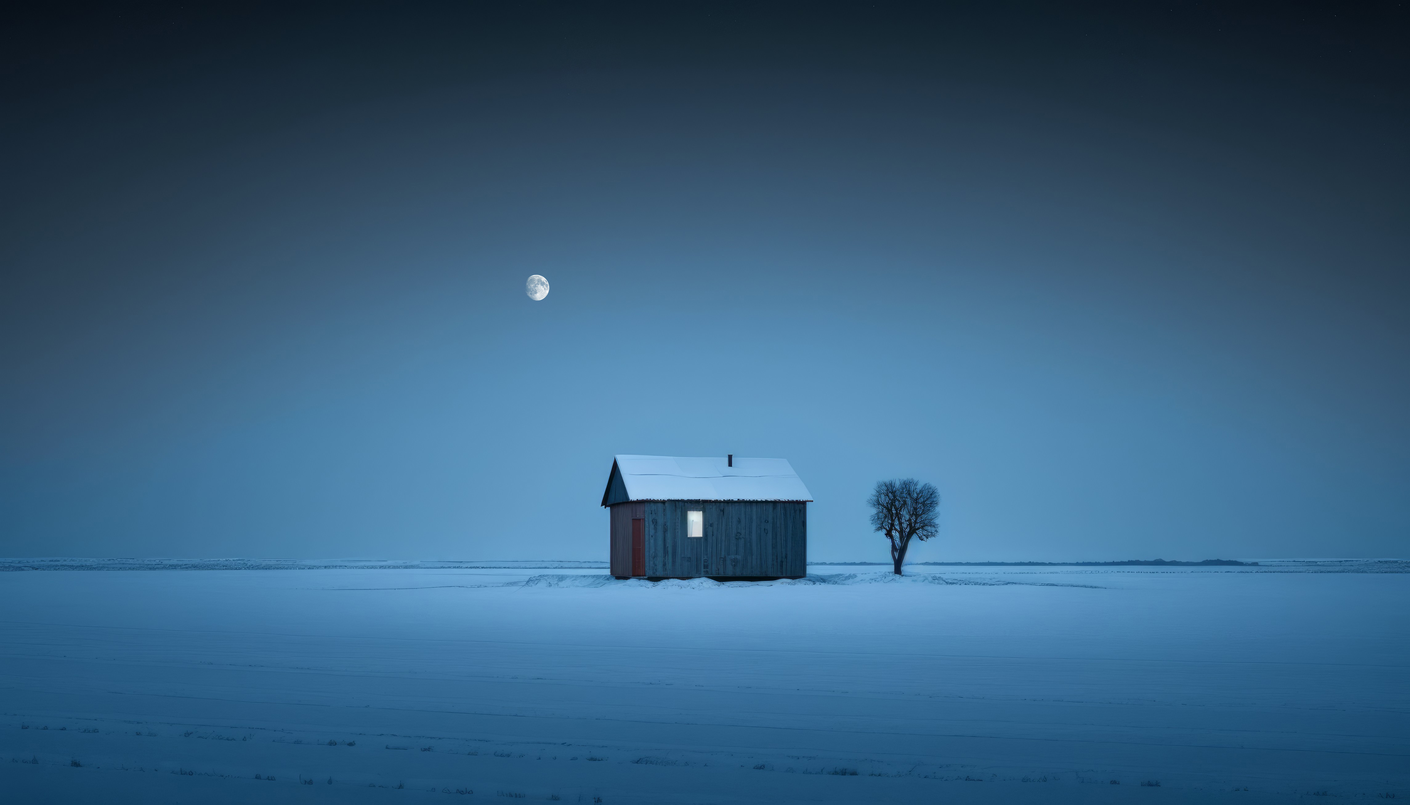 Ai Art House Moon Blue Winter Night Snow Simple Background Minimalism 4579x2616