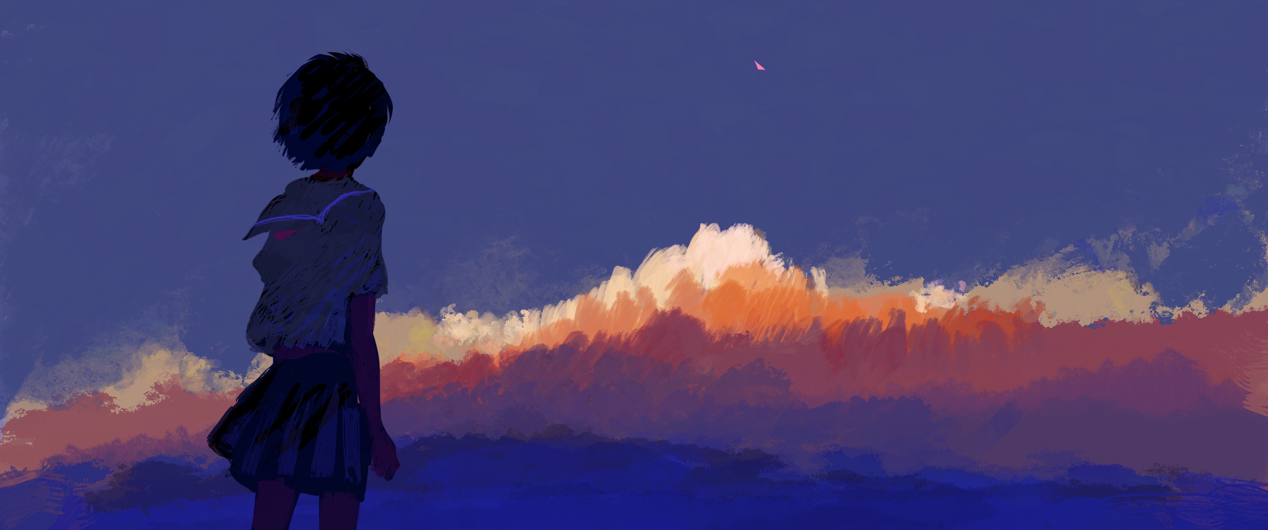 Bangjoy Sunset Clouds Looking Away Digital Painting Standing Schoolgirl School Uniform Sunset Glow 4096x1714