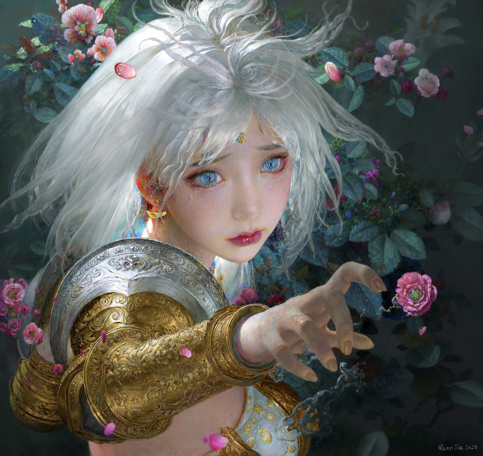 Ruan Jia Drawing Women Blue Eyes Flowers Pink Gold Portrait Tears 1683x1588