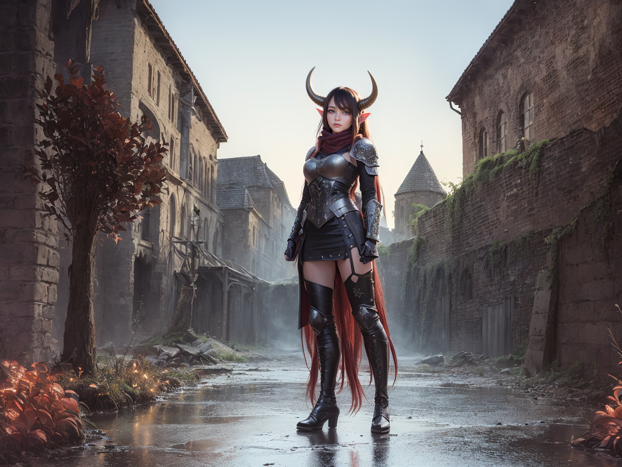 Fantasy Girl Demon Hunter Fantasy Art Digital Art Artwork Fantasy City Demon Horns Armored Redhead D 1280x960