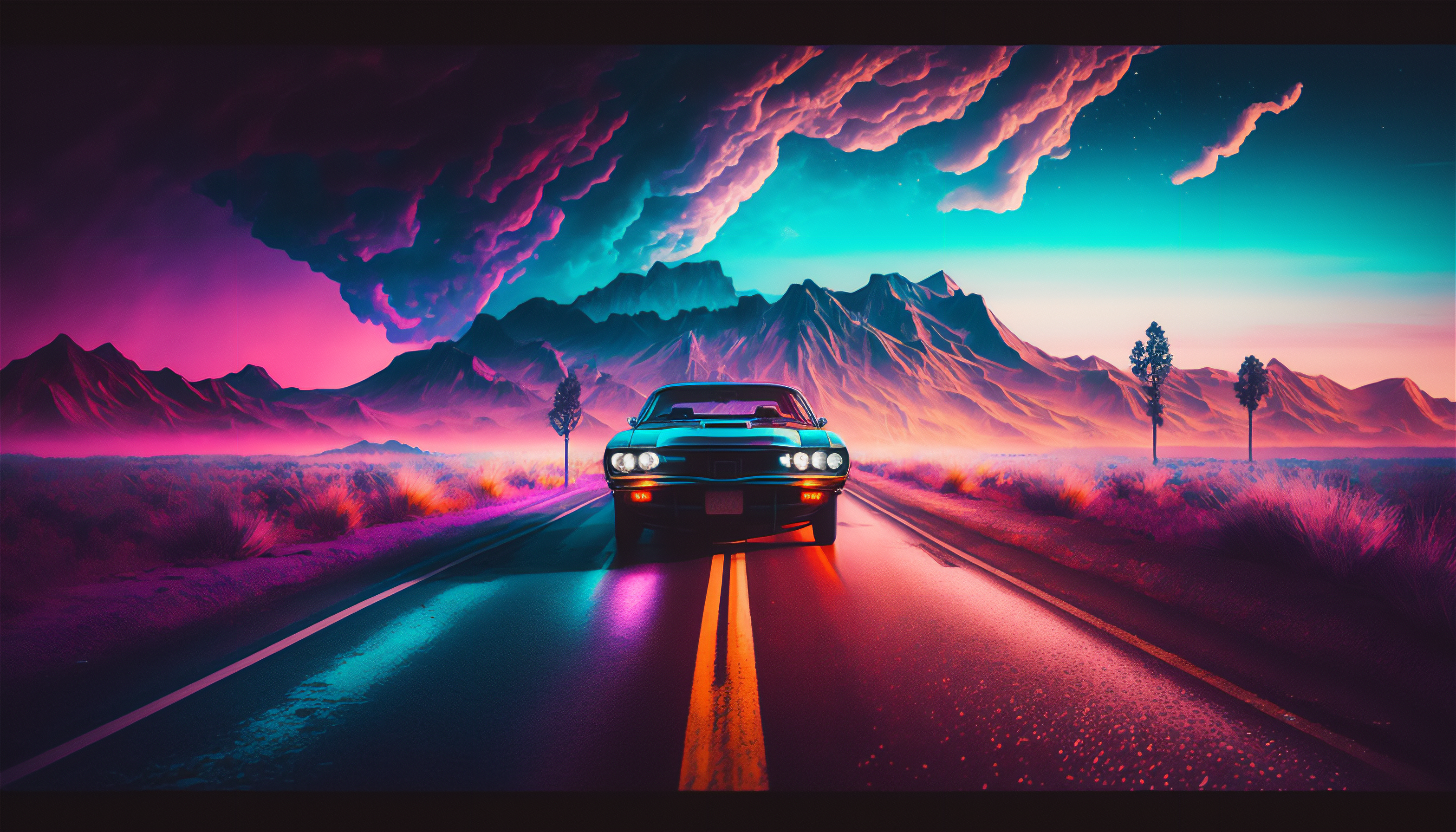 Ai Art Car Synthwave Road Clouds Colorful Illustration Mountains 3136x1792