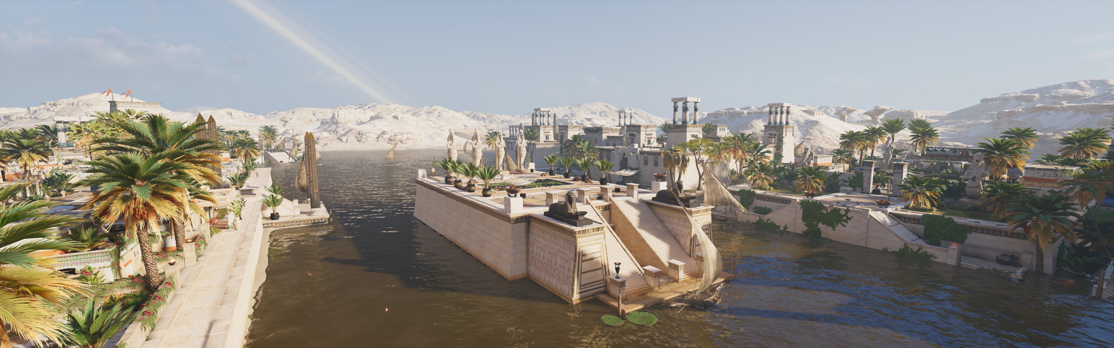 Egypt Wide Angle Assassins Creed Origins Video Games CGi Sky Clouds Water City Trees Palm Trees 3840x1200