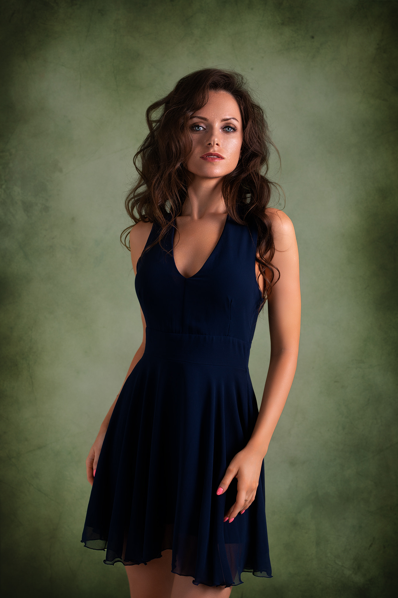 Dmitry Shulgin Women Brunette Long Hair Wavy Hair Dress Blue Clothing Simple Background Ekaterina Ko 1365x2048