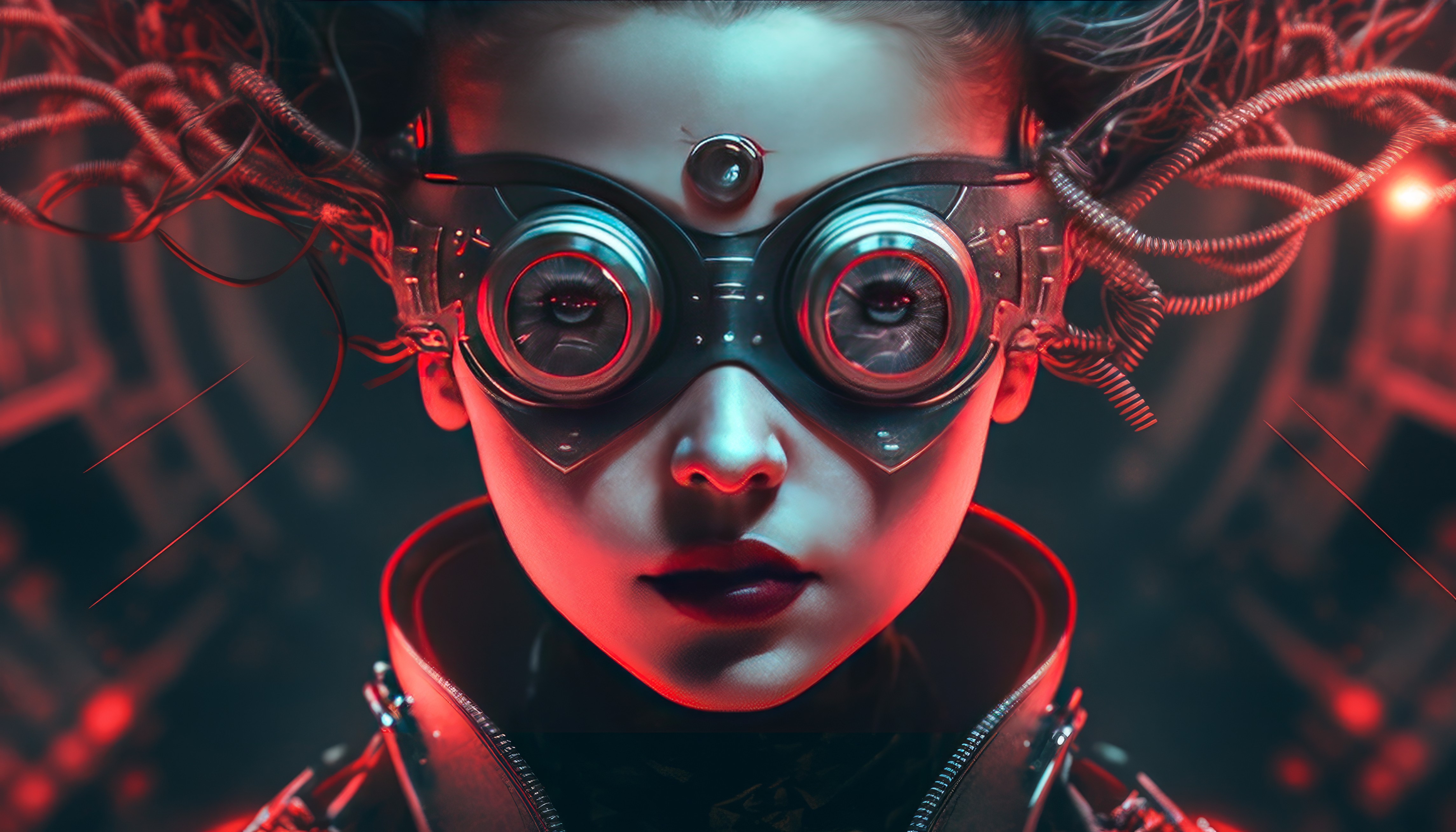 Ai Art Women Cyberpunk Glasses Goggles Wires Face 4579x2616