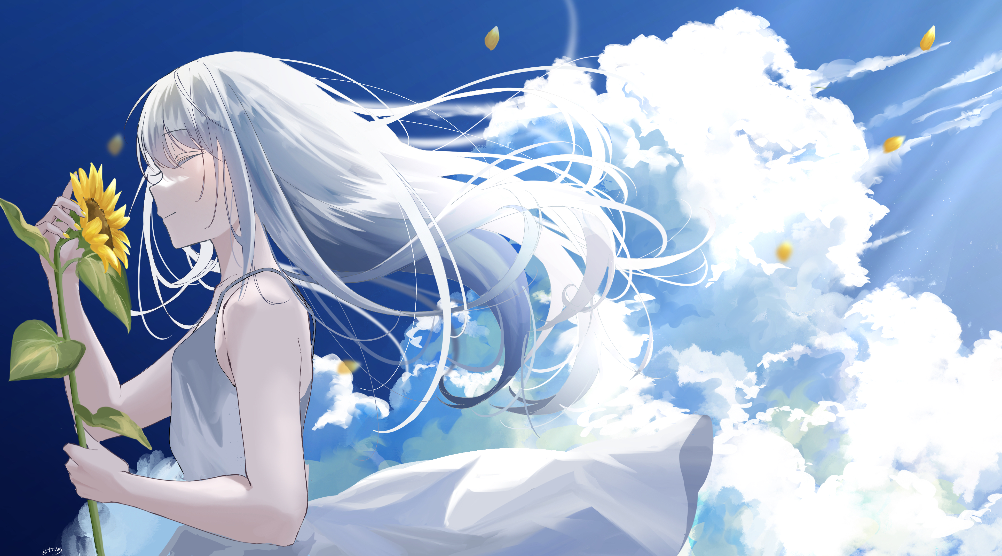 Anime Anime Girls Dandelion Clouds Closed Eyes Sky Petals White Hair 3881x2153