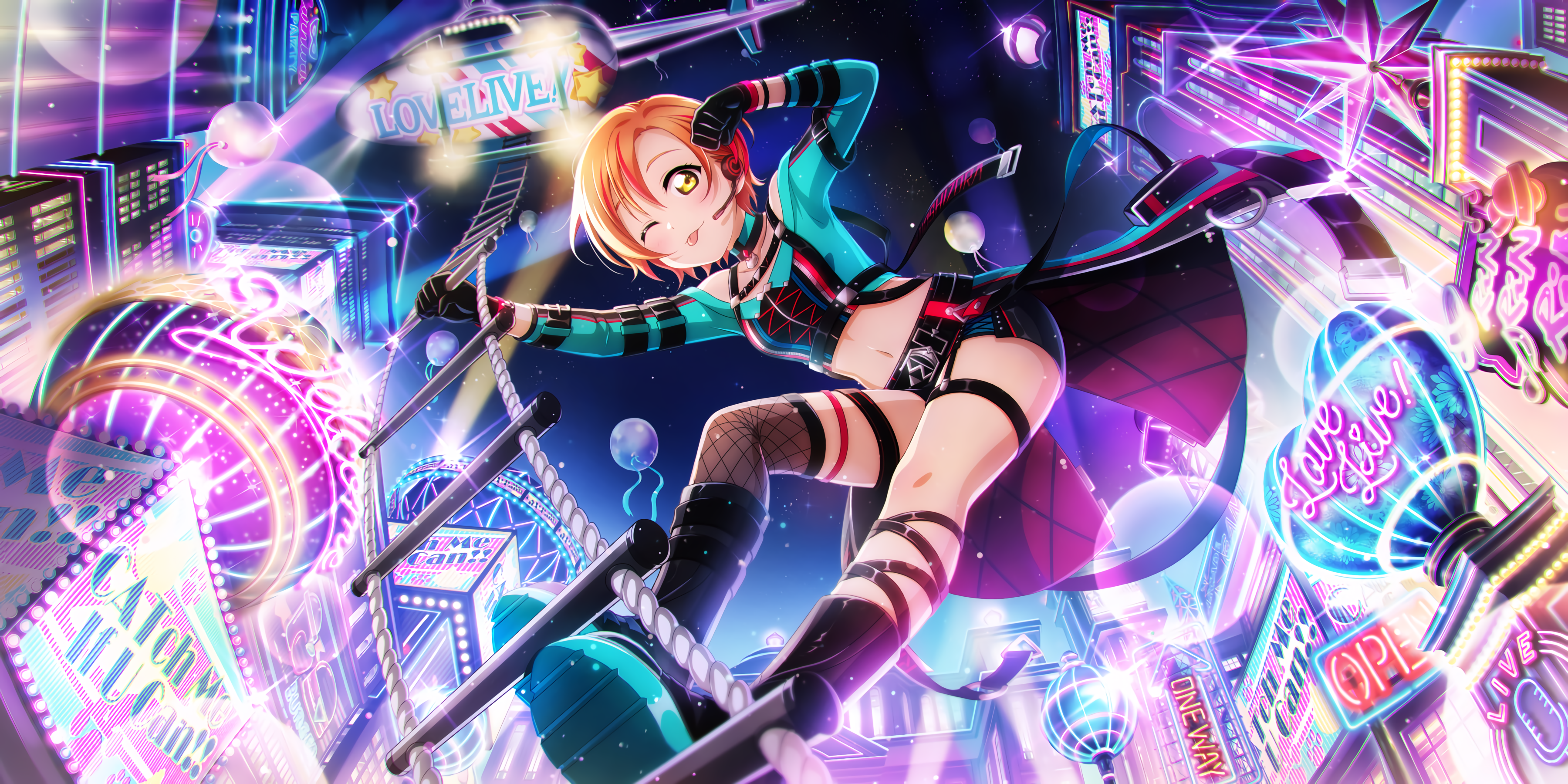 Hoshizora Rin Love Live Anime Anime Girls Tongue Out Helicopters One Eye Closed Lights 3600x1800