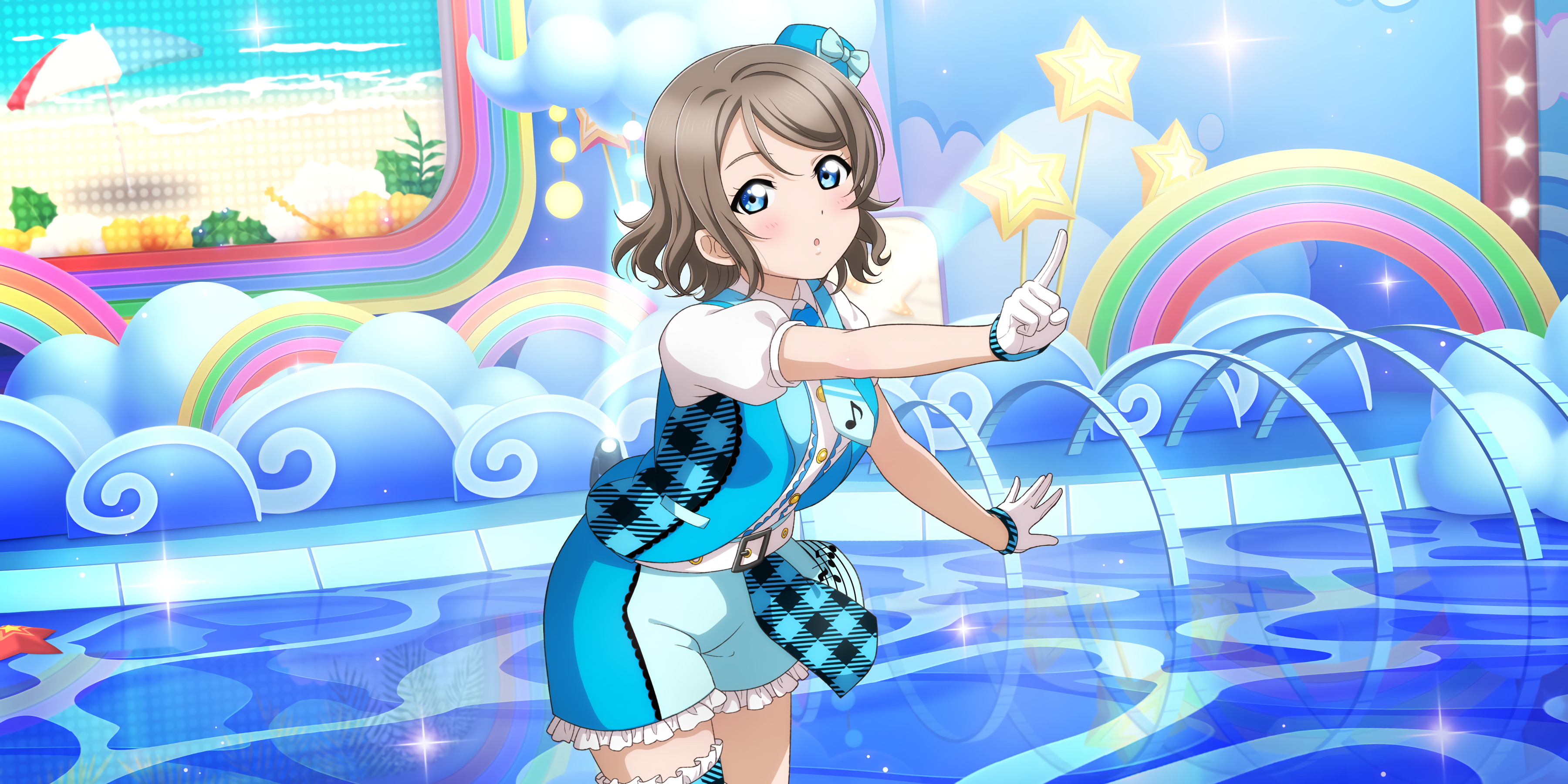 Watanabe You Love Live Sunshine Love Live Anime Anime Girls Gloves Uniform Rainbows Stages Stars Hat 3600x1800