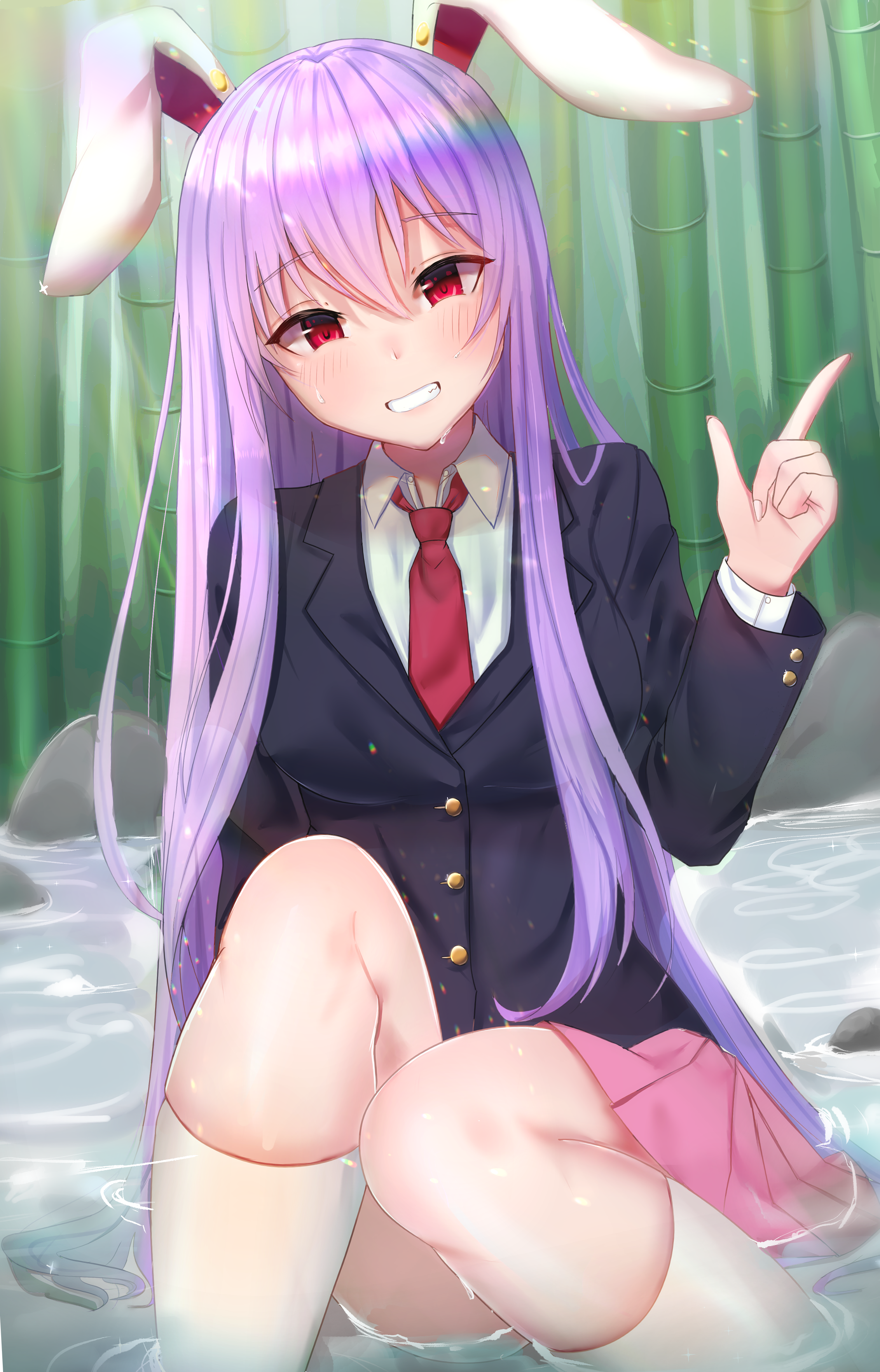 Touhou Reisen Udongein Inaba Anime Girls Purple Hair Red Eyes Bunny Ears Water Animal Ears Bamboo Bl 2264x3528