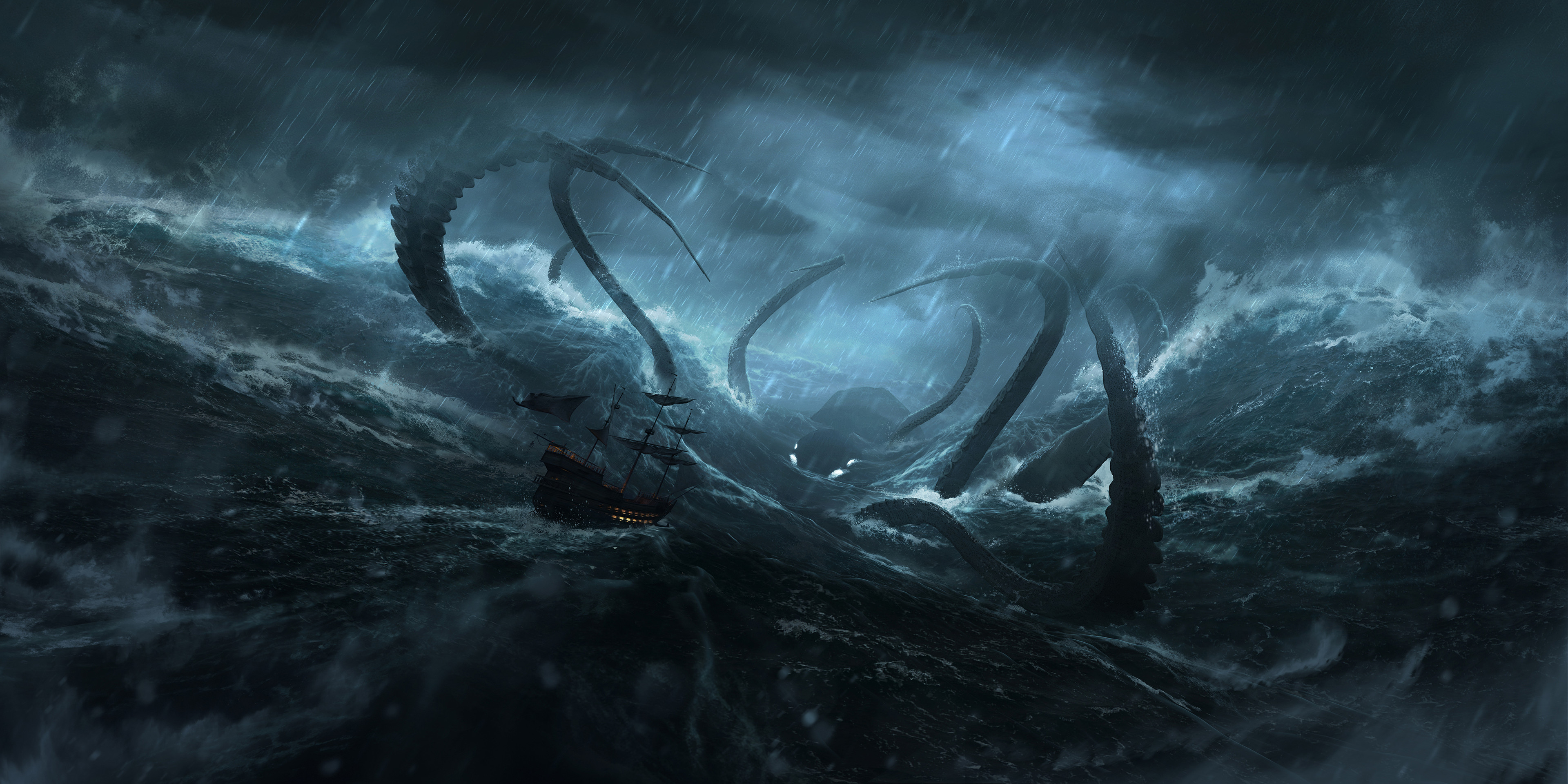 Sea Ship Storm Waves Rain Night Boat Water Creature Kraken Clouds Digital Art 3840x1920
