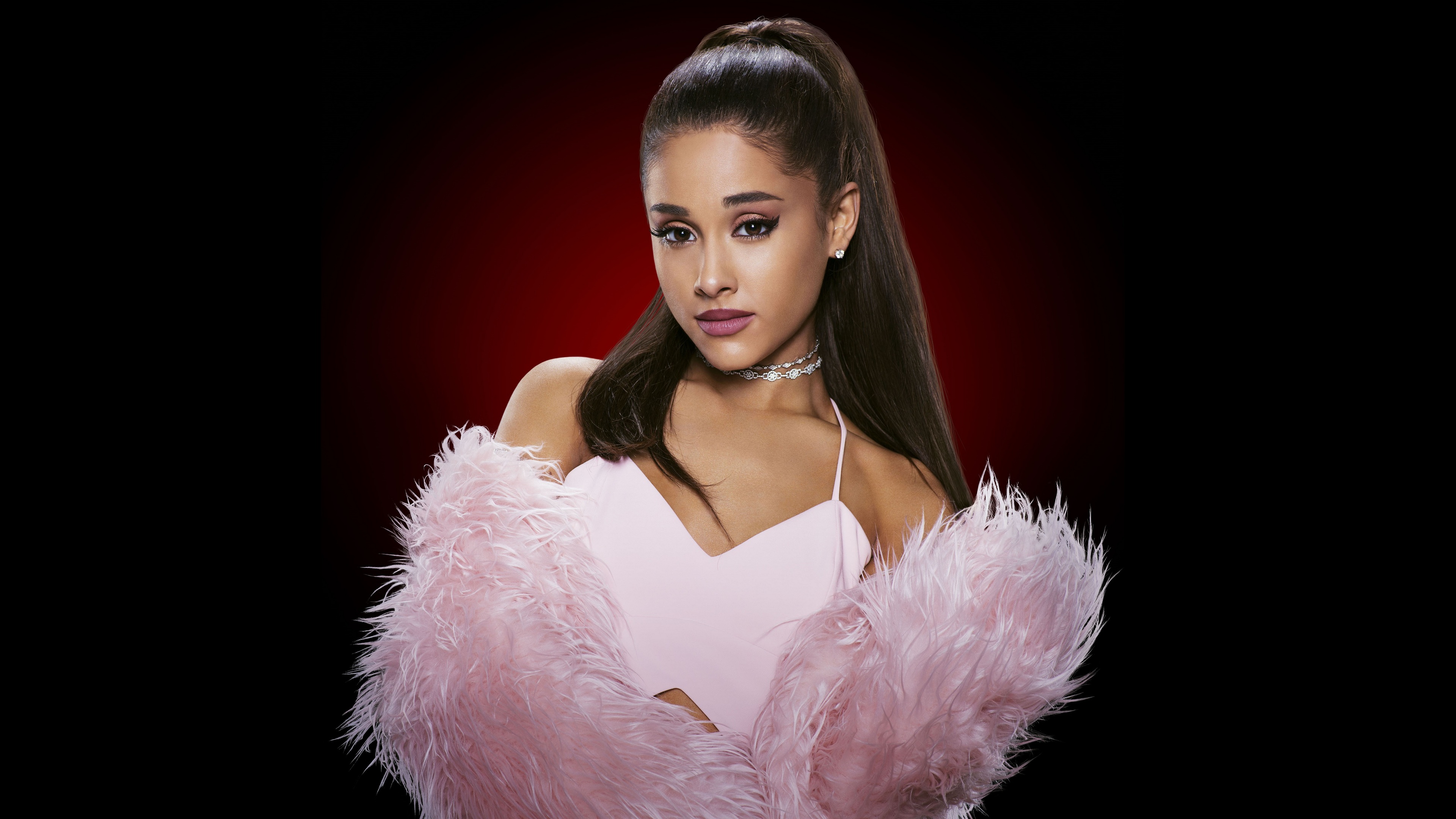 Women Singer Actress Model Dress Fur Coats Makeup Brunette Dark Background Ariana Grande 3840x2160