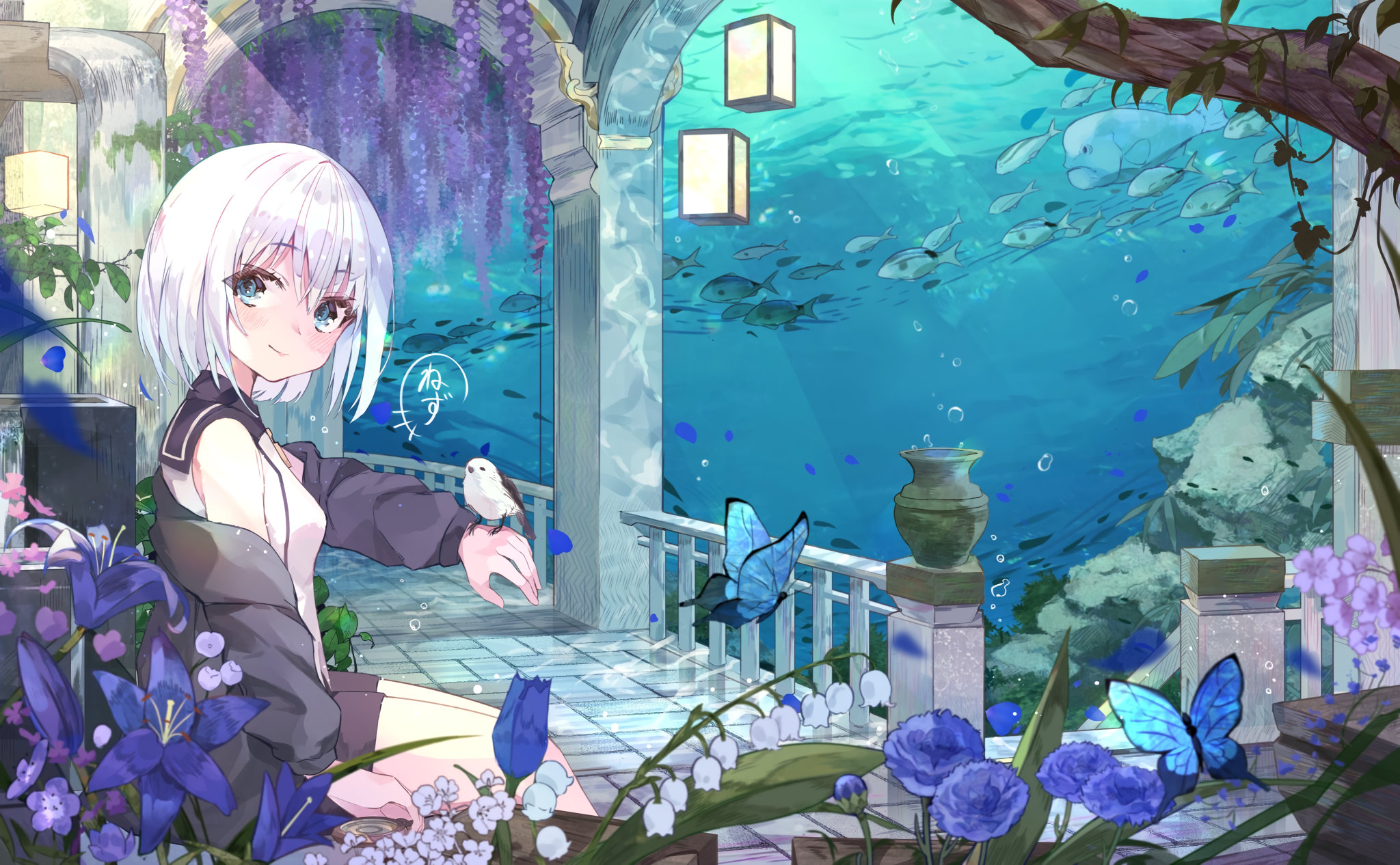 Anime Anime Girls Fish Looking At Viewer Flowers Leaves Smiling Short Hair Water Bubbles Butterfly B 2048x1266