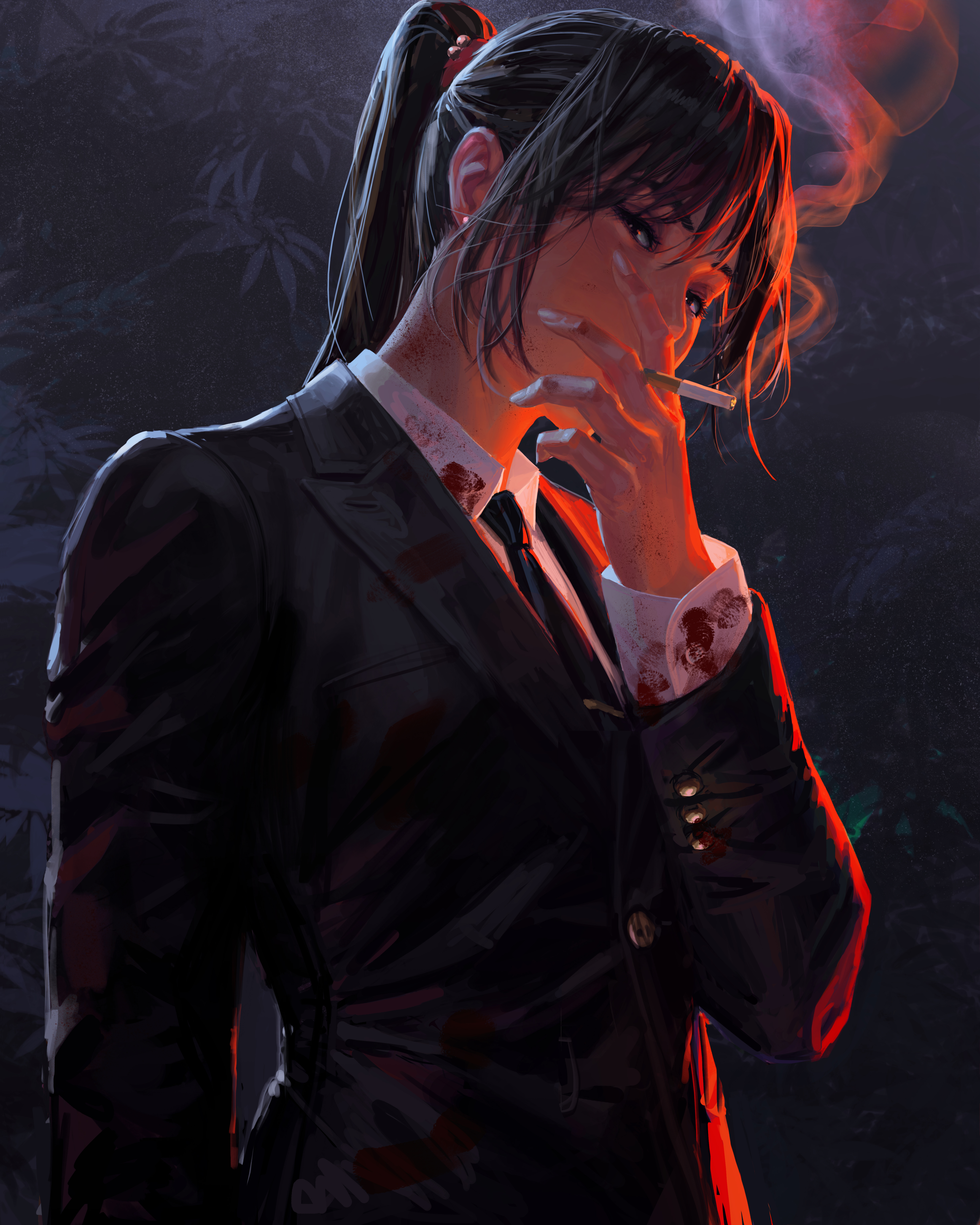 Women Smoking Red Light Black Hair Asian Character Design Drawing Artwork Digital Digital Art Simple 4928x6159