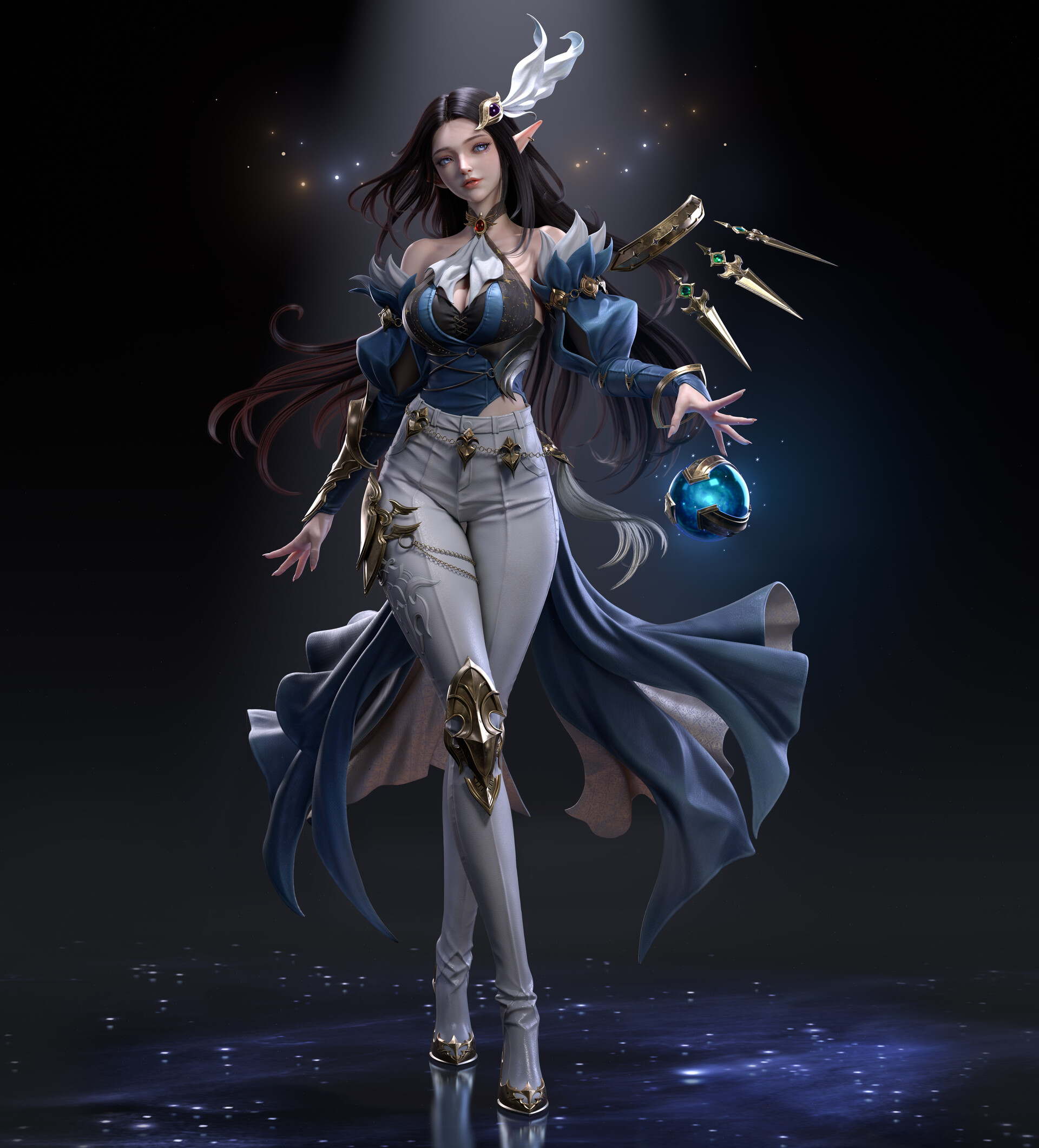 Cifangyi CGi Women Dark Hair Dress Hair Accessories Fantasy Art Glowing Blue Legs Crossed Orb Vertic 1920x2121