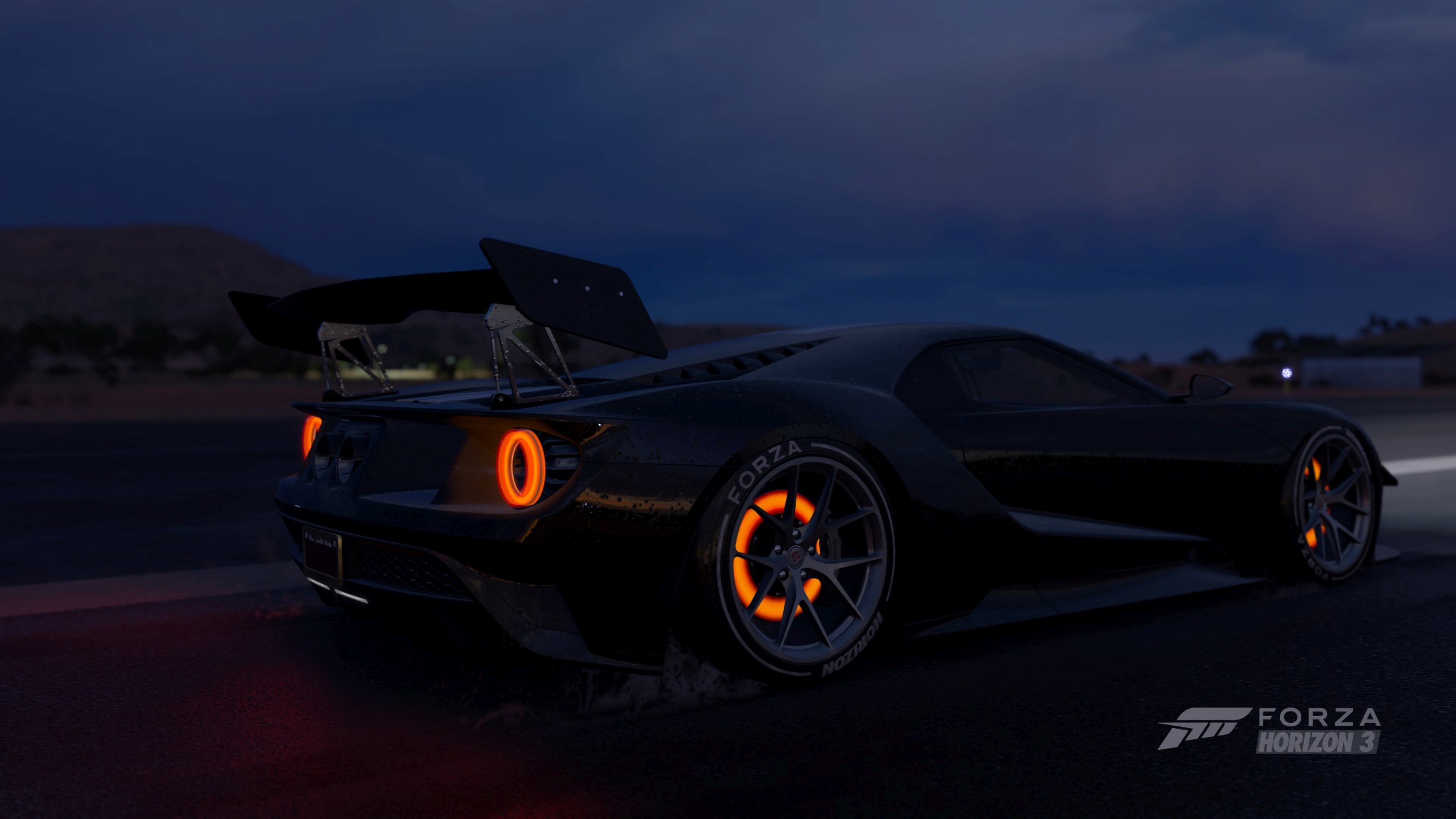 Screen Shot Forza Horizon 3 Ford GT Brake Glow Rain Smoke Night Racing Car Video Games 2560x1440