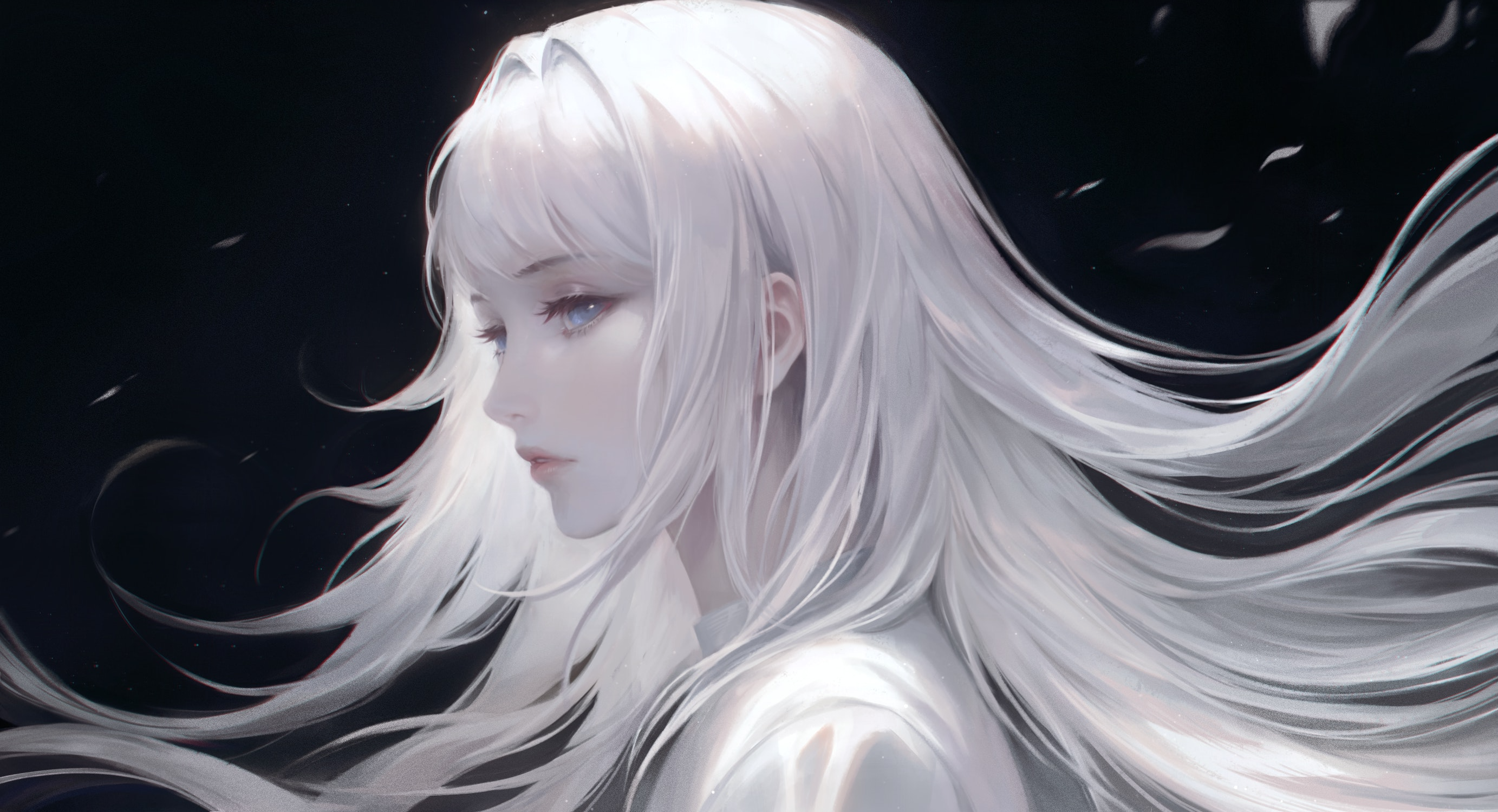 Digital Art Artwork Illustration Anime Anime Girls Face Long Hair White Hair Blue Eyes Women Looking 2766x1500