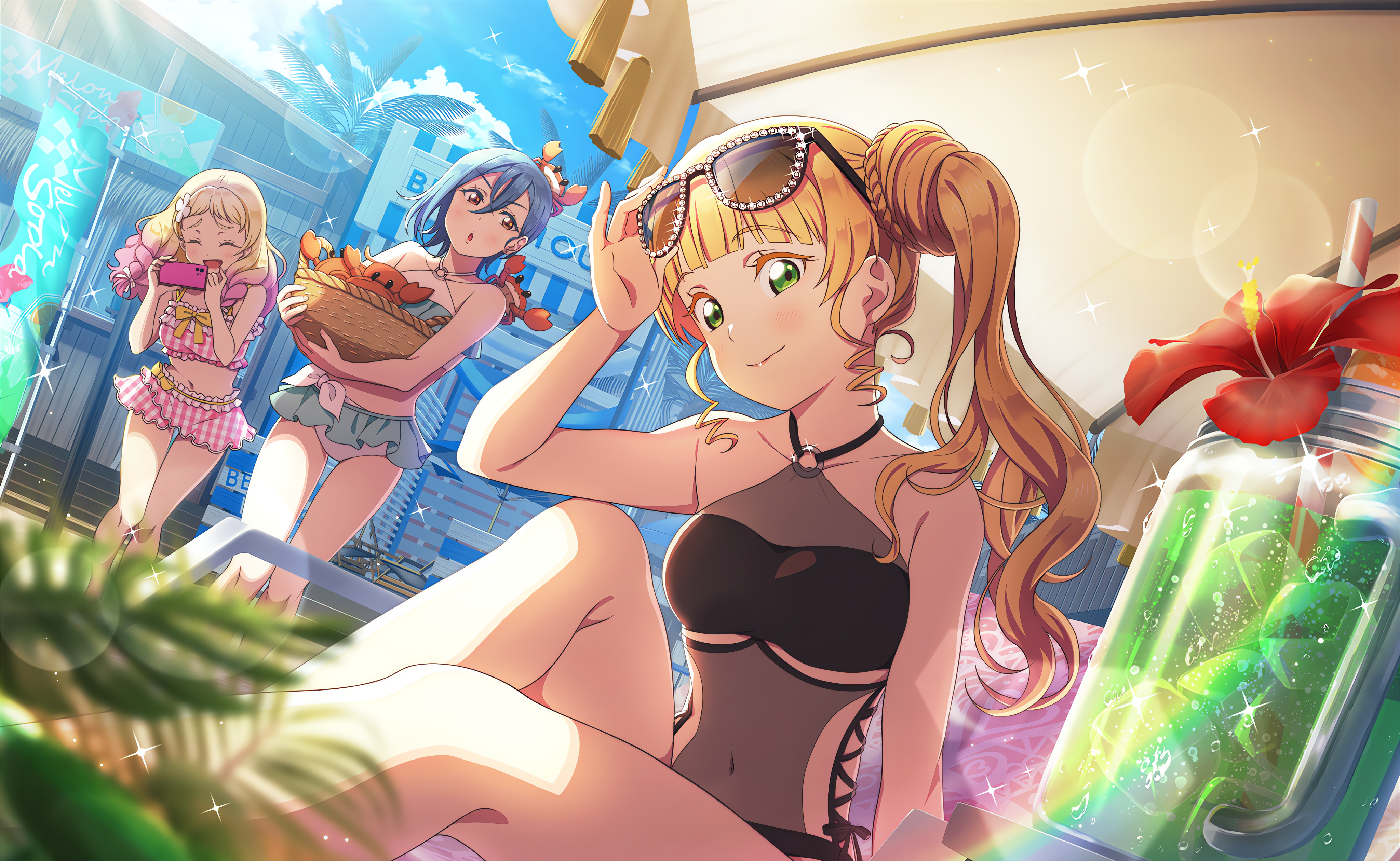 Heanna Sumire Love Live Love Live Super Star Crabs Looking At Viewer Hibiscus Flowers Sunglasses Dri 4096x2520
