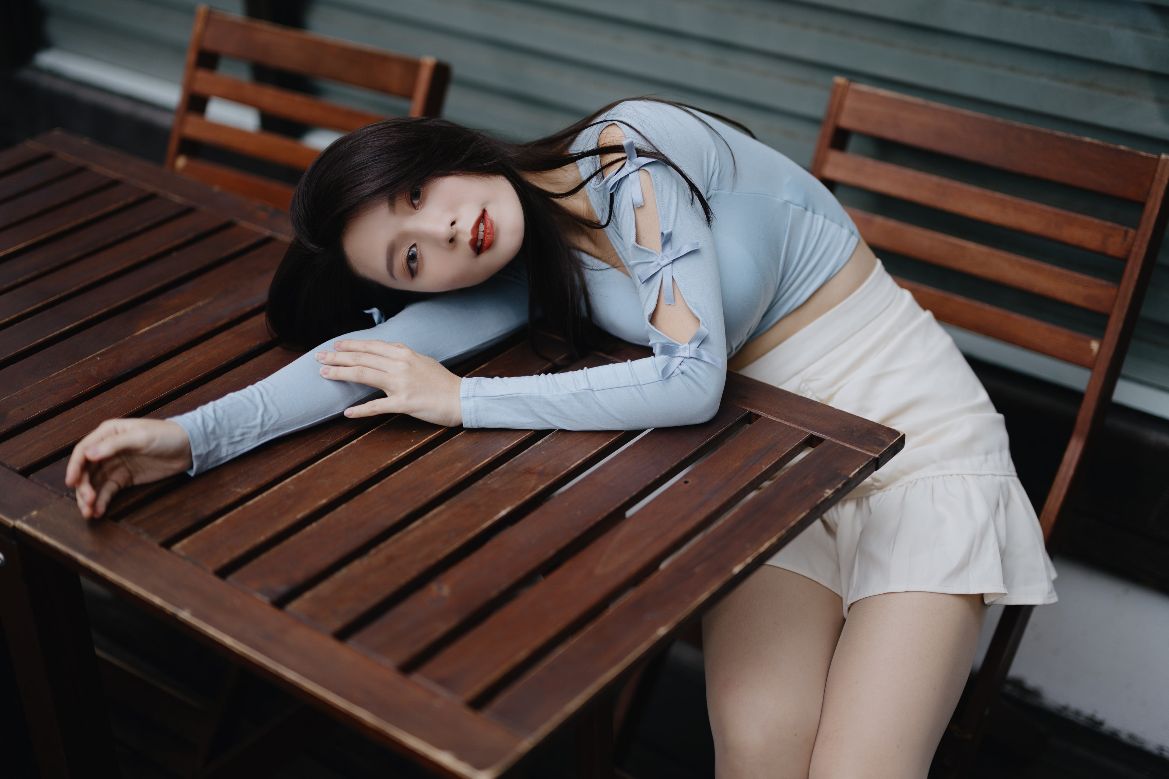 Asian Model Women Long Hair Dark Hair Sitting Table Chair Skirt Long Sleeves Resting Head Depth Of F 3840x2560
