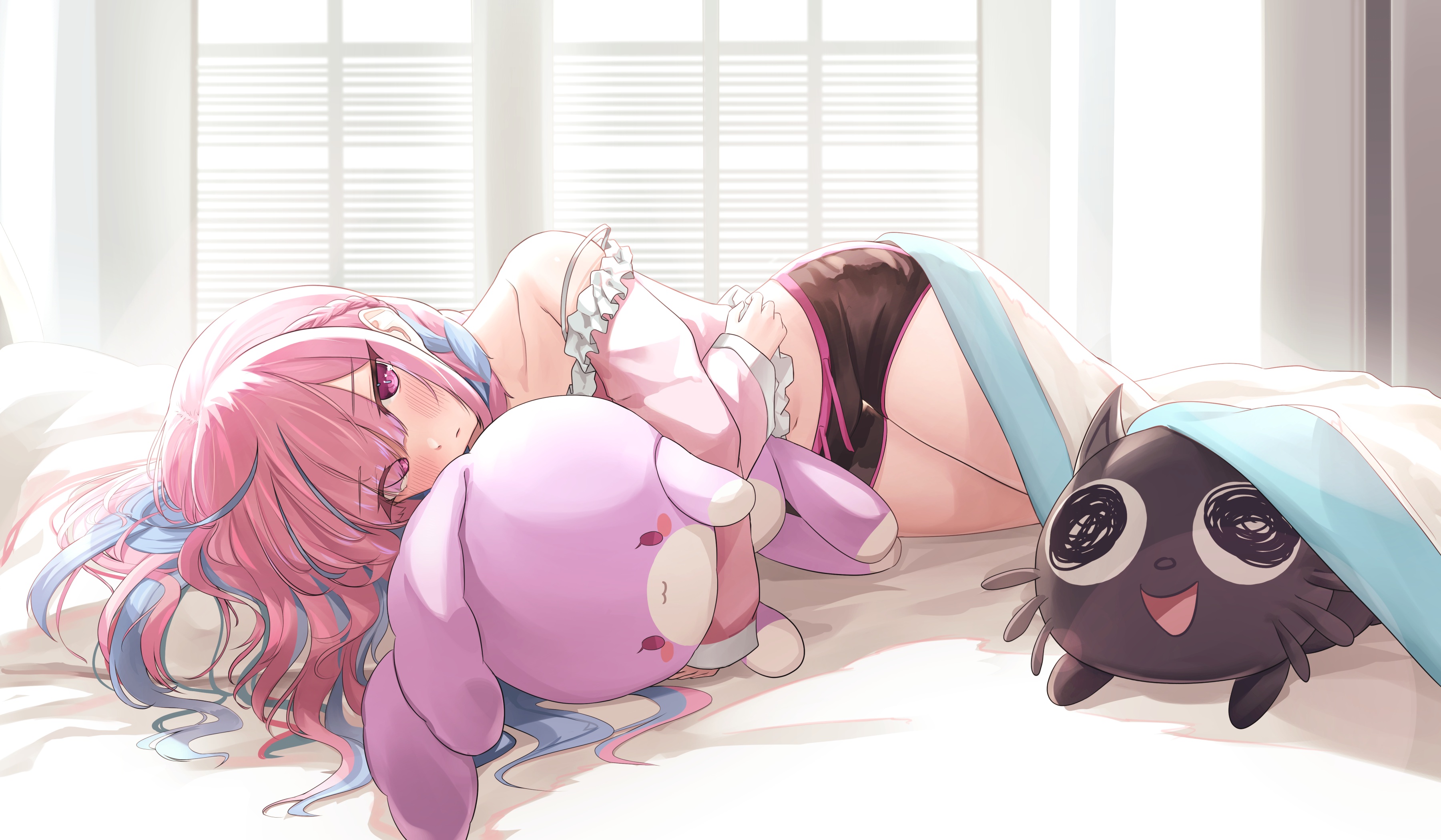 Anime Anime Girls Two Tone Hair Pink Hair Lying On Side Teddy Bears Blushing 3600x2100
