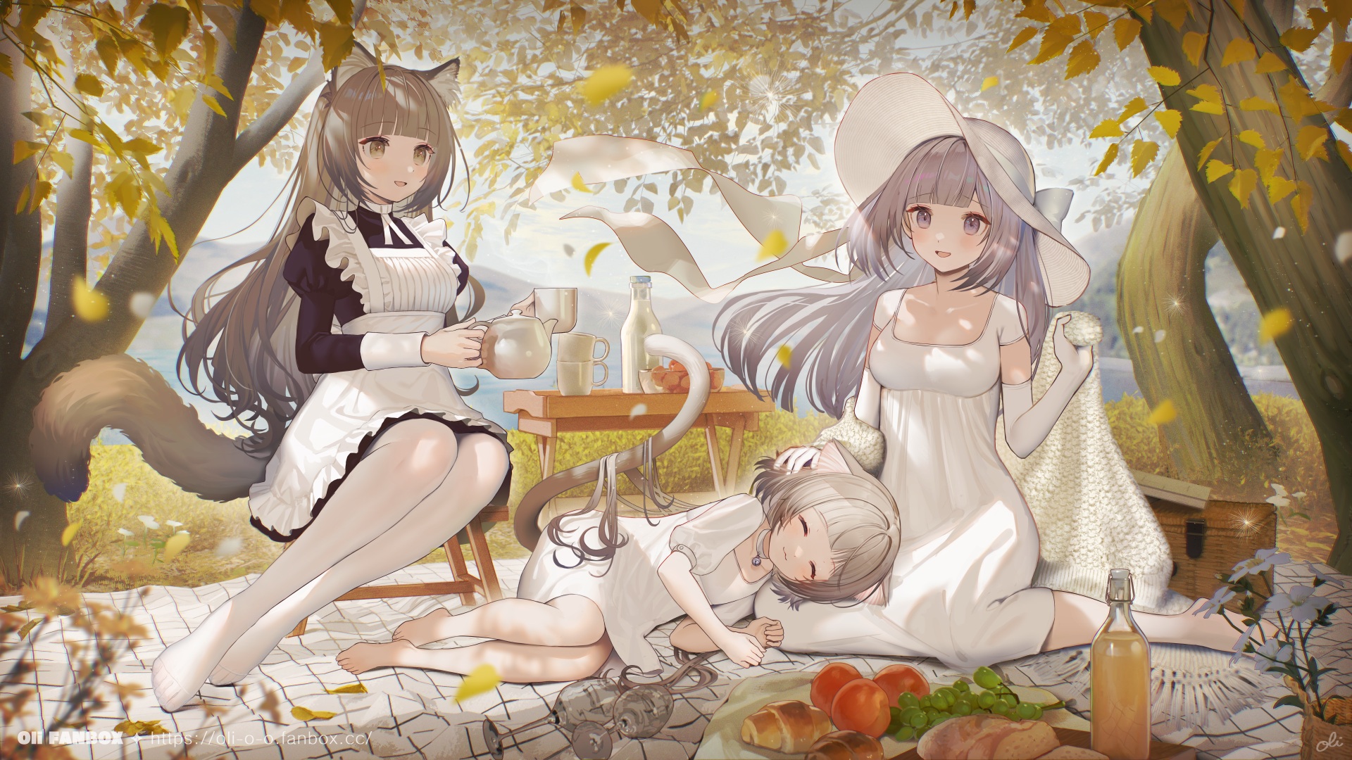 Anime Anime Girls Cat Girl Cat Ears Cat Tail Picnic Food Petals Hat Leaves Elbow Gloves Maid Maid Ou 1920x1080