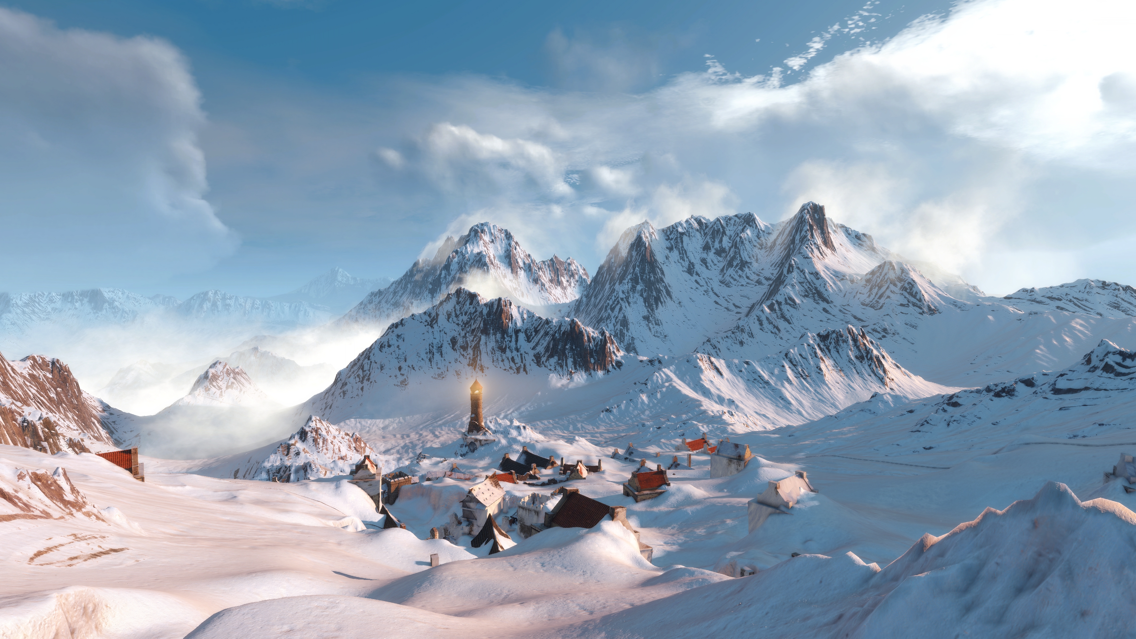 The Witcher 3 Wild Hunt Screen Shot PC Gaming Mountains Snow Lighthouse 3840x2160