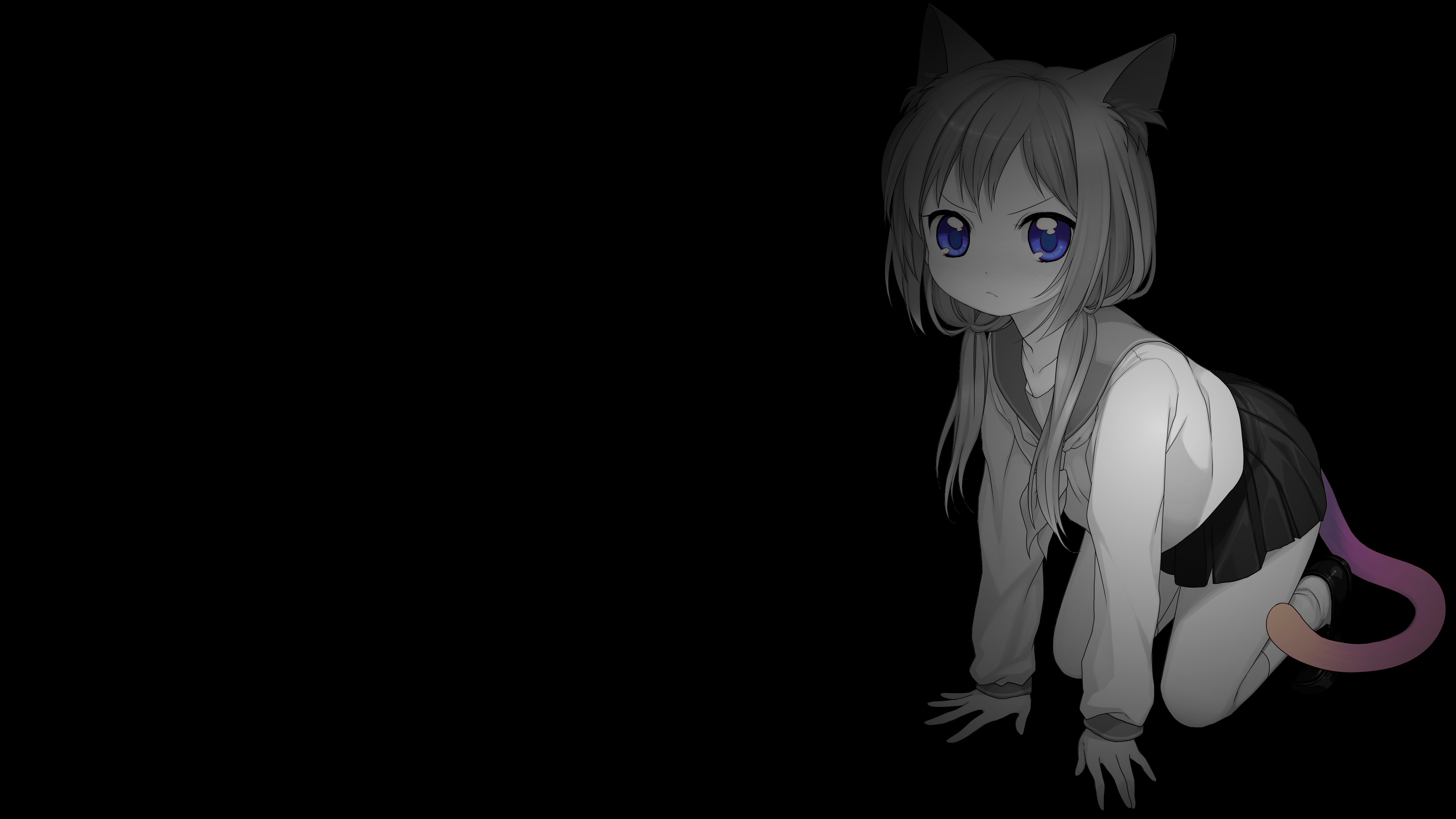Anime Girls Black Background Dark Background Simple Background Selective Coloring Cat Girl Cat Ears  4978x2800