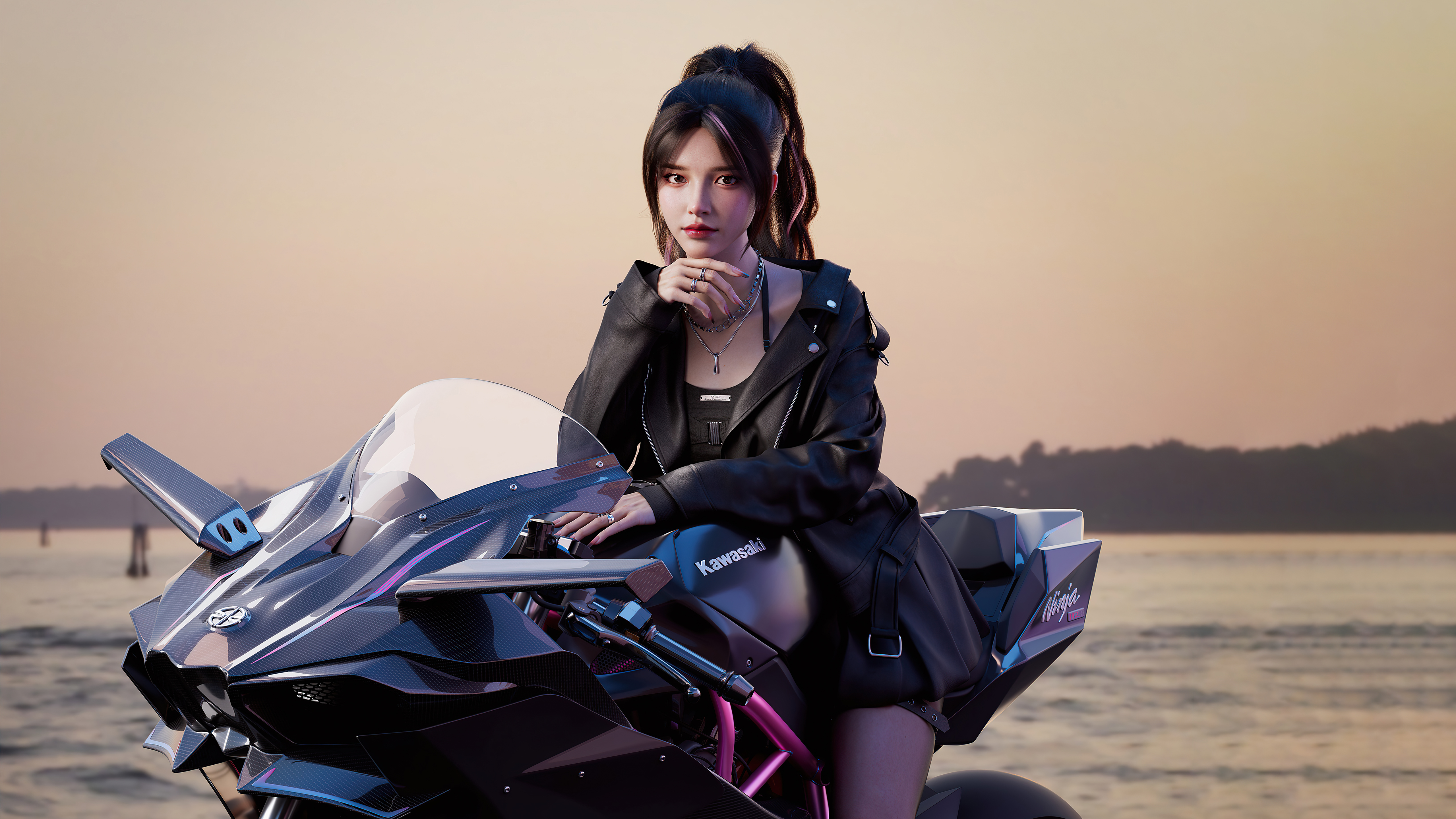 Asian 4K Women Black Hair Motorcycle Modern CGi Cool Girl 5120x2880