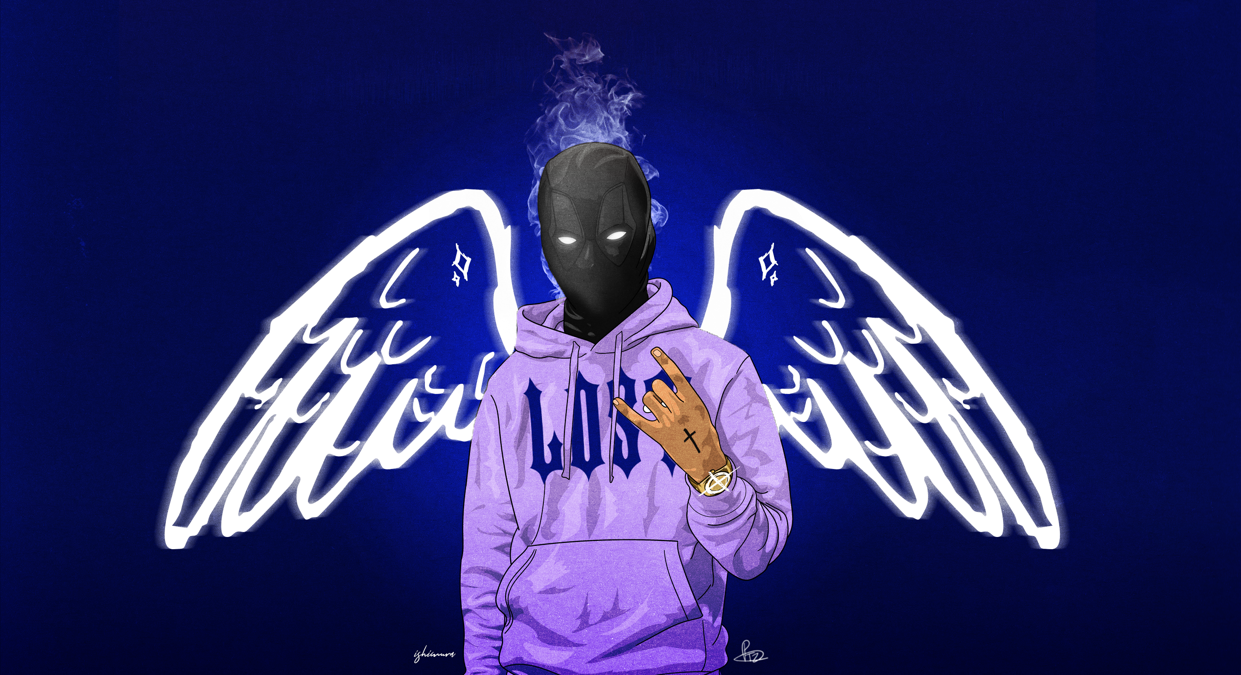 Hip Hop Music Gangster Wings Mask Balaclava Illustration Artwork Digital Art Graphic Design Blue Bac 2535x1379