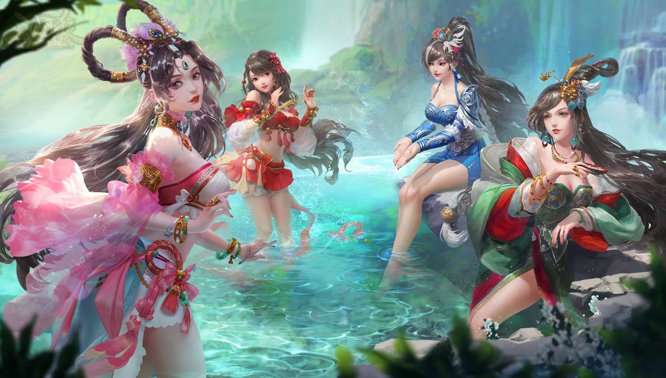 Anime Girls Sanguosha Three Kingdoms Anime Chinese Clothing Water Long Hair Looking At Viewer Waterf 2146x1220