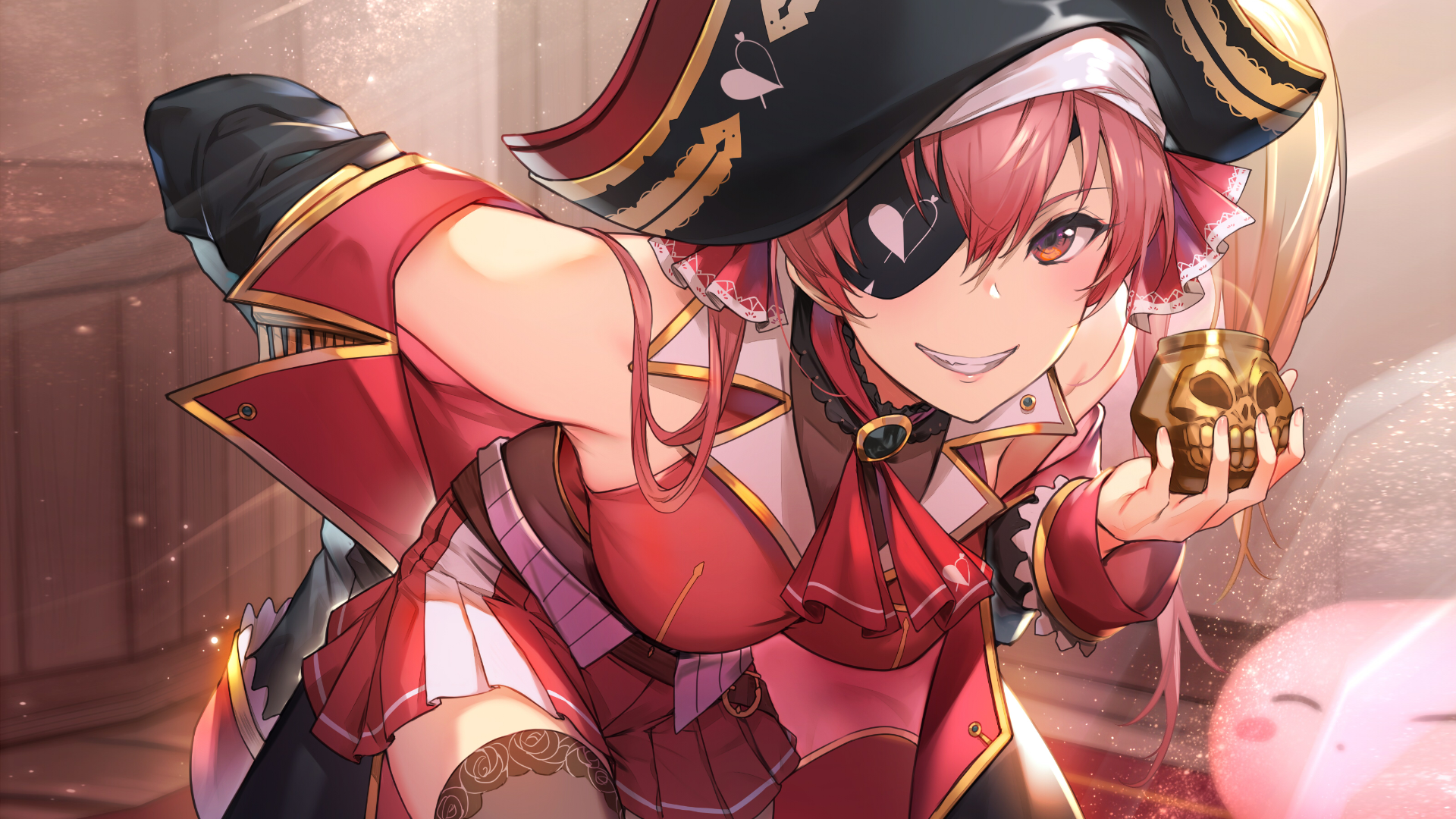 Anime Girls Virtual Youtuber Houshou Marine Pirate Hat Cup Red Eyes Eyepatches Grin Skirt Hololive E 1920x1080