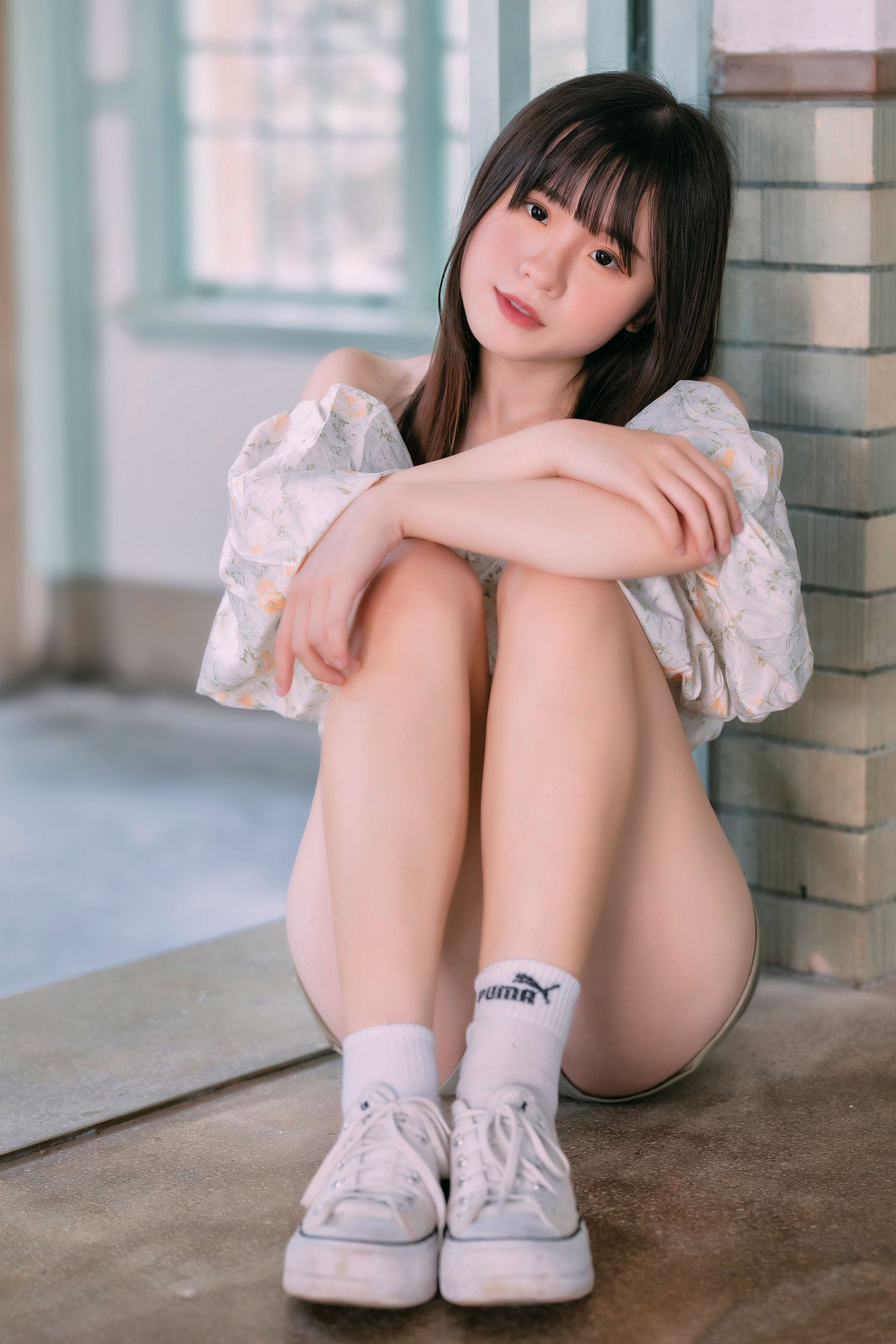Asian Model Women Long Hair Dark Hair Sitting Sneakers Shorts Blouse Bricks Wall Window Bare Shoulde 2560x3840