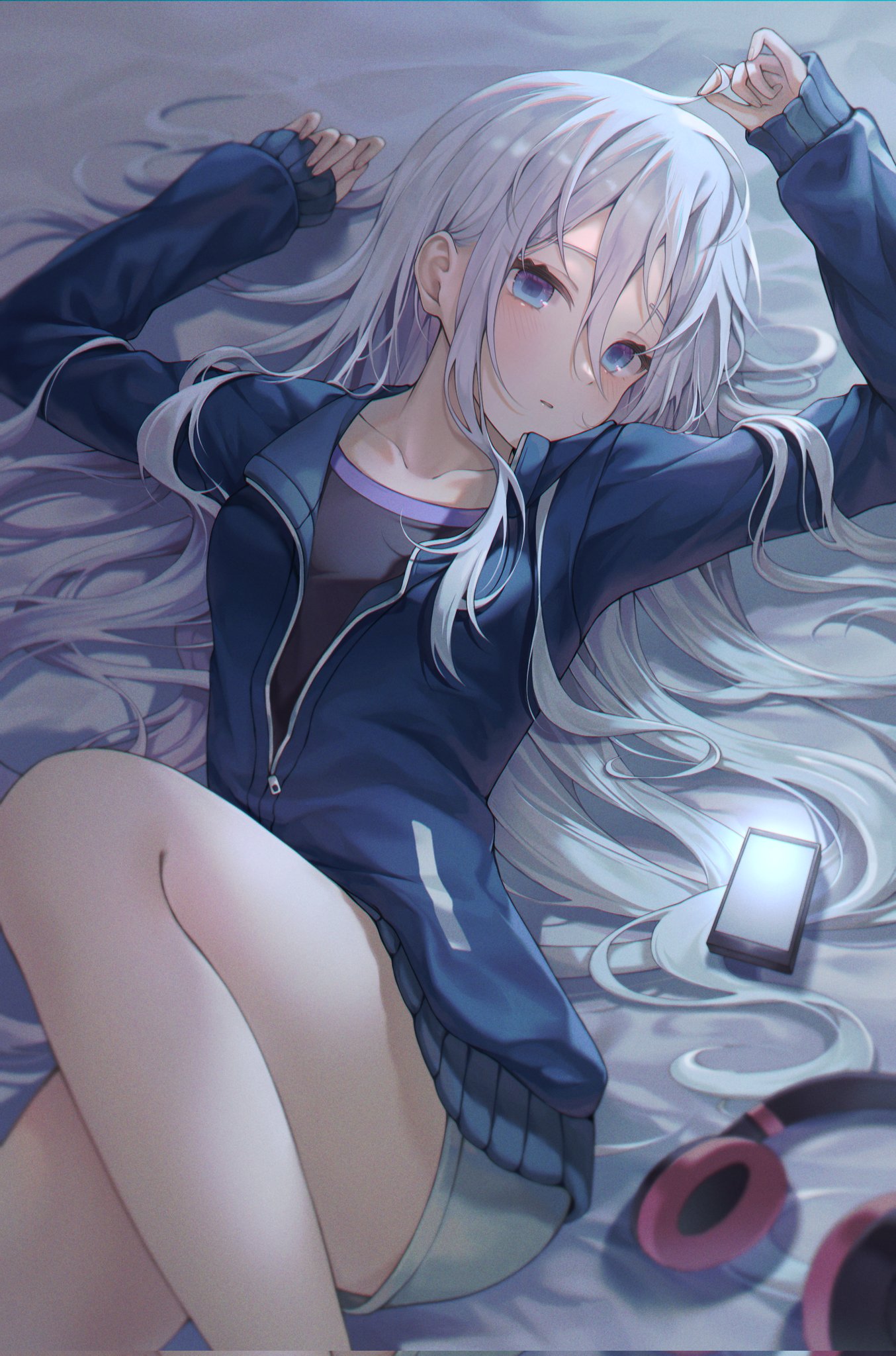 Anime Girls White Hair Blue Eyes Lying On Back Headphones Wallpaper Resolution1354x2048 Id 5615