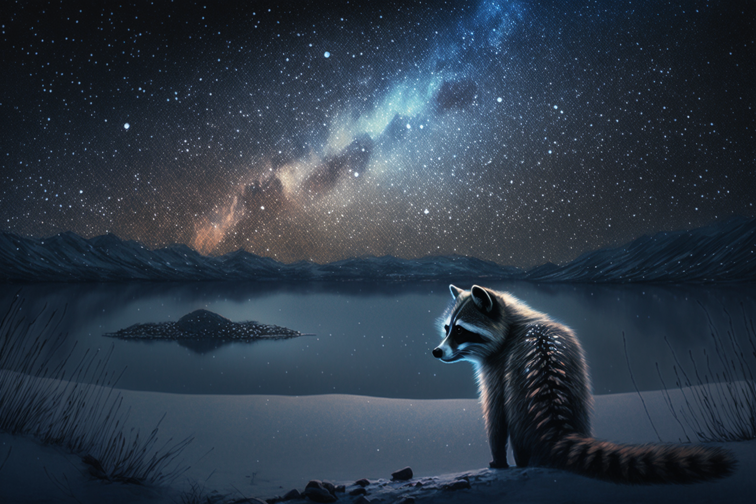 Arctic Raccoons Ai Art Animals Snow Mountains Stars Starry Night Water Reflection 1536x1024