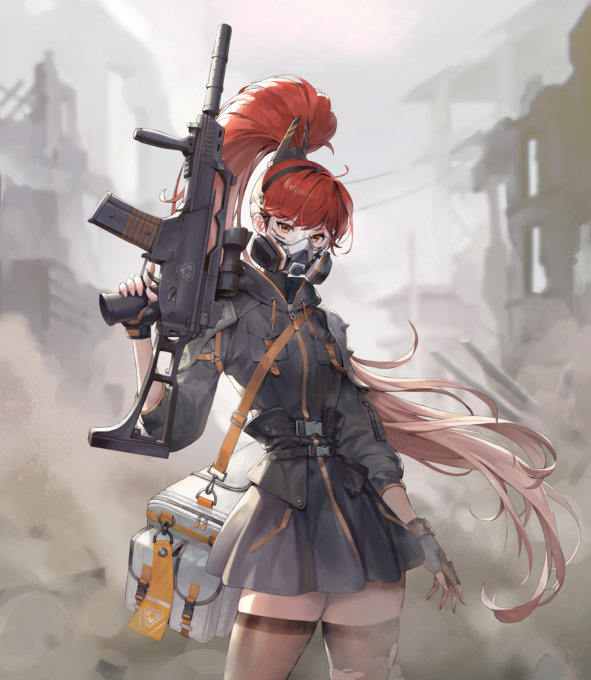 Original Characters Anime Girls Redhead Long Hair Gas Masks Gun Ponytail Gloves Fingerless Gloves Ve 1920x2209