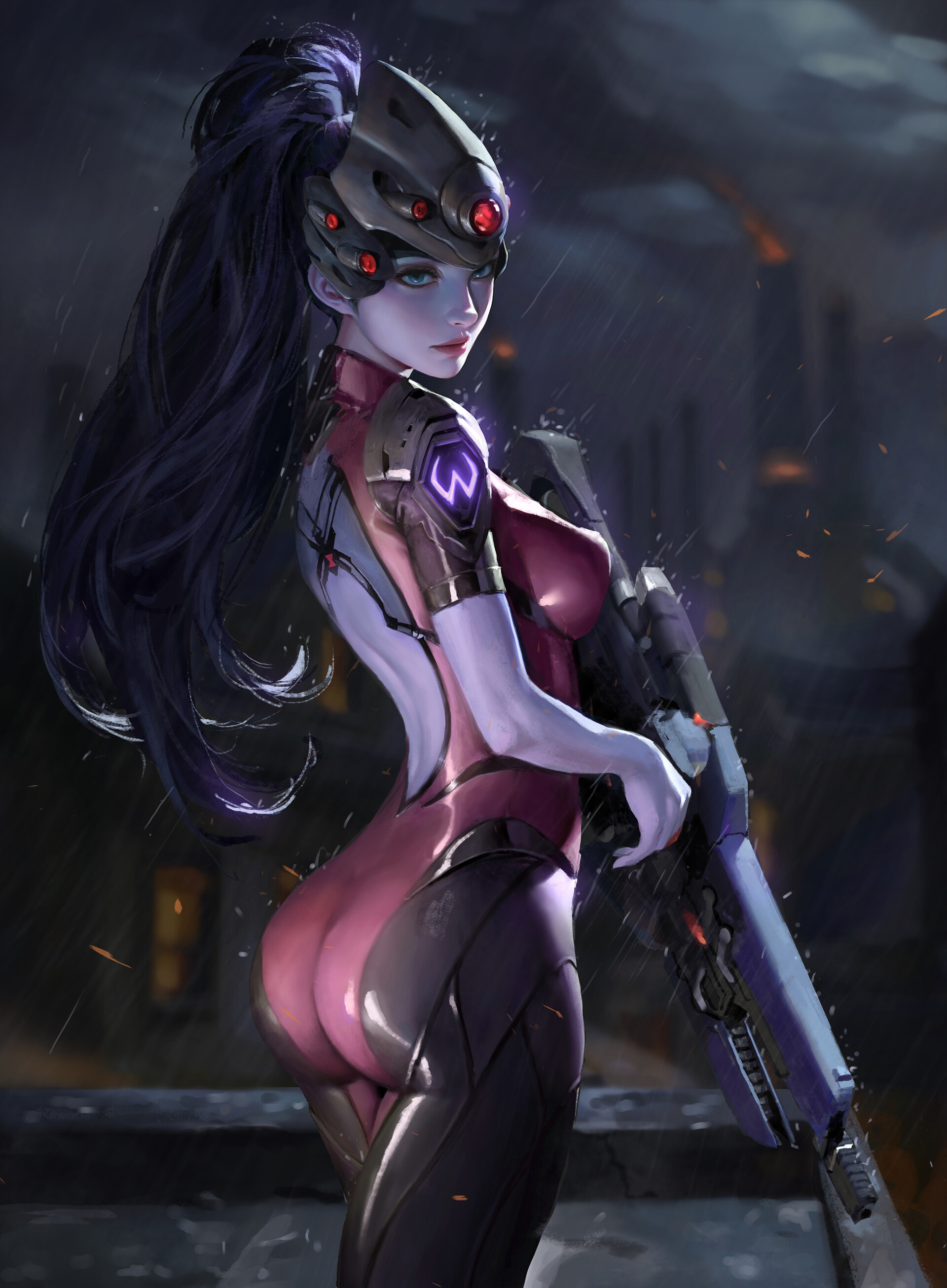 Sen Shan Drawing Women Overwatch Widowmaker Overwatch Ponytail Sniper Rifle Visors Rain Weapon 1920x2611