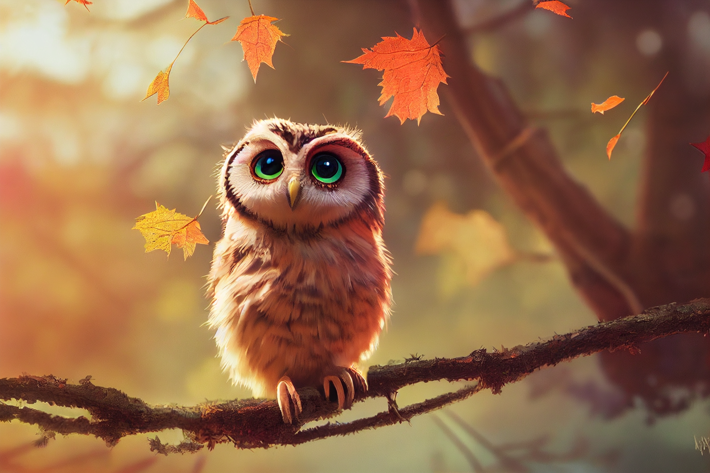 Owl Fall Forest Animals Nature Leaves 2304x1536