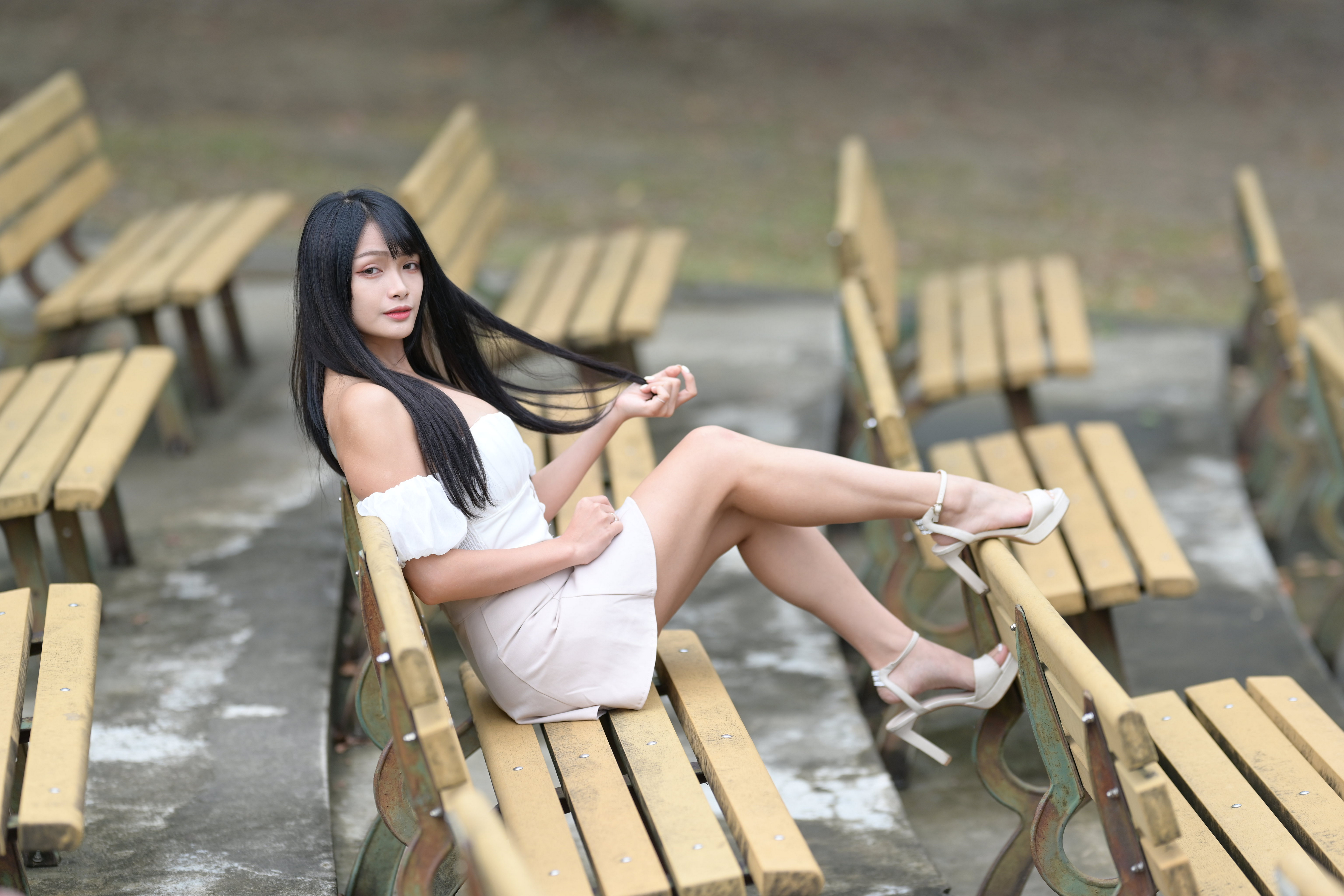 Asian Model Women Long Hair Dark Hair Sitting Bench 4500x3000