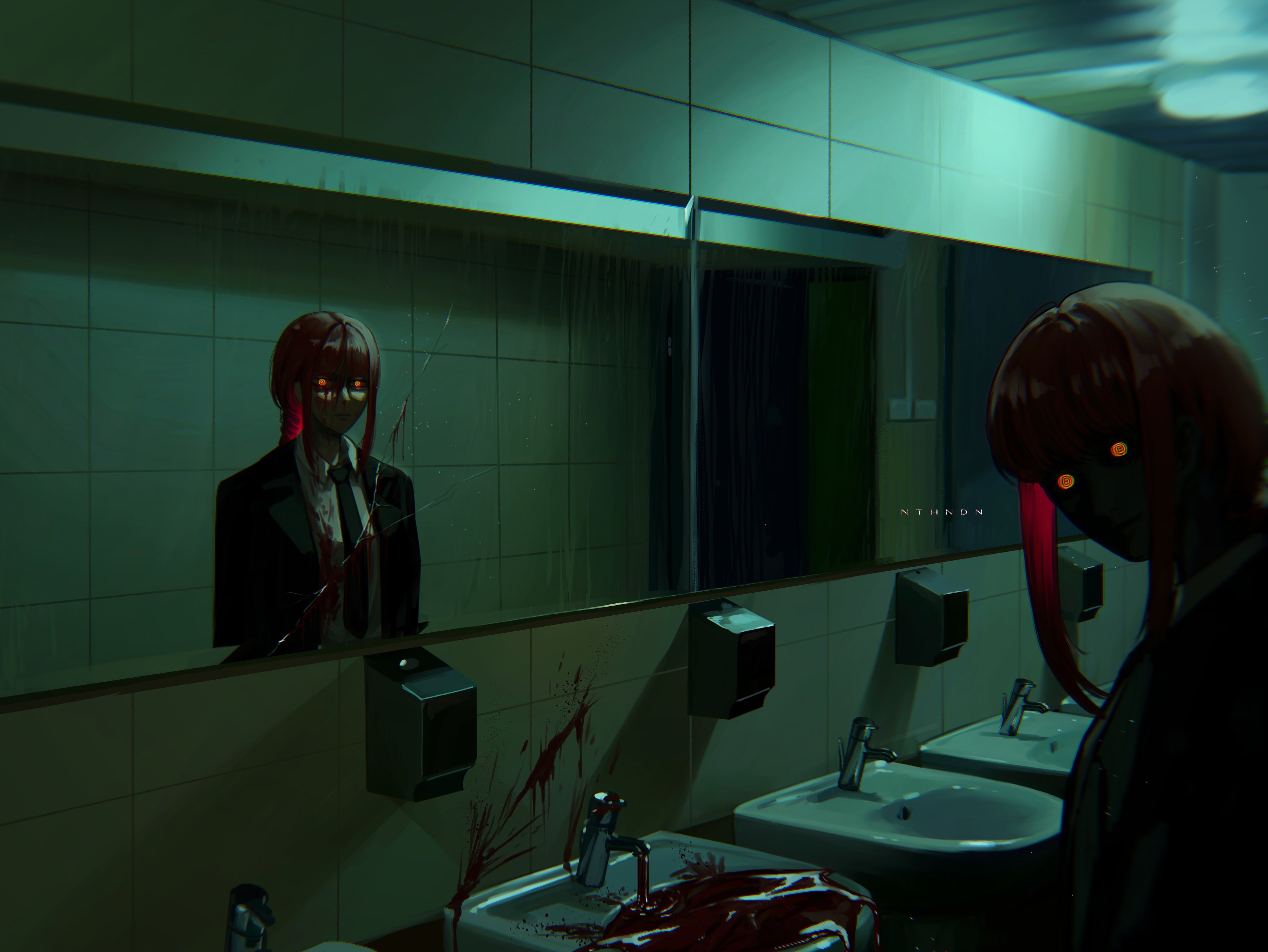 Chainsaw Man Makima Chainsaw Man Mirror Horror Bathroom Looking At Viewer Readhead Anime Girls Refle 3748x2814