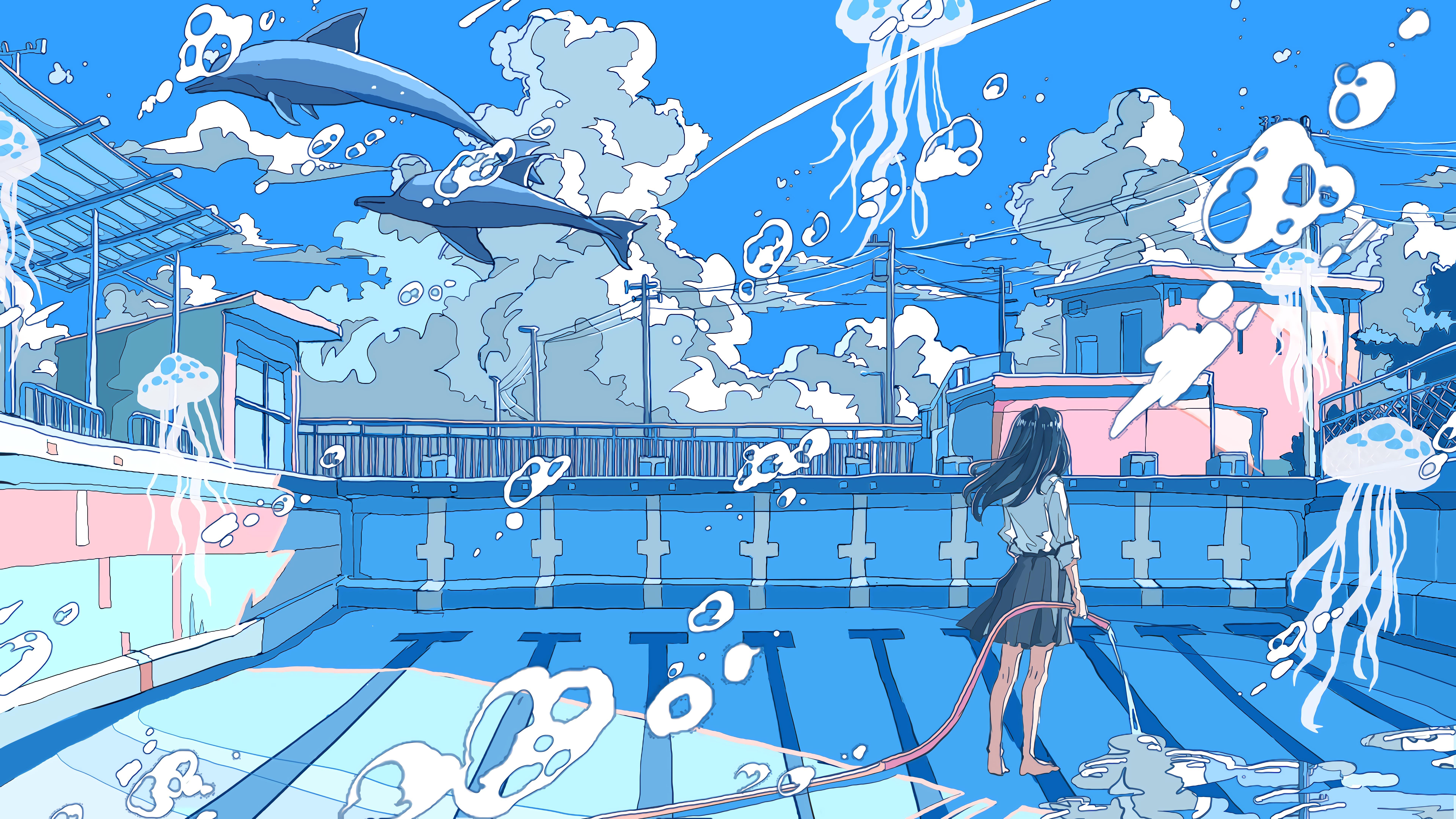 Anime Anime Girls Dolphin Jellyfish Animals Water Clouds Swimming Pool Schoolgirl School Uniform 7680x4320