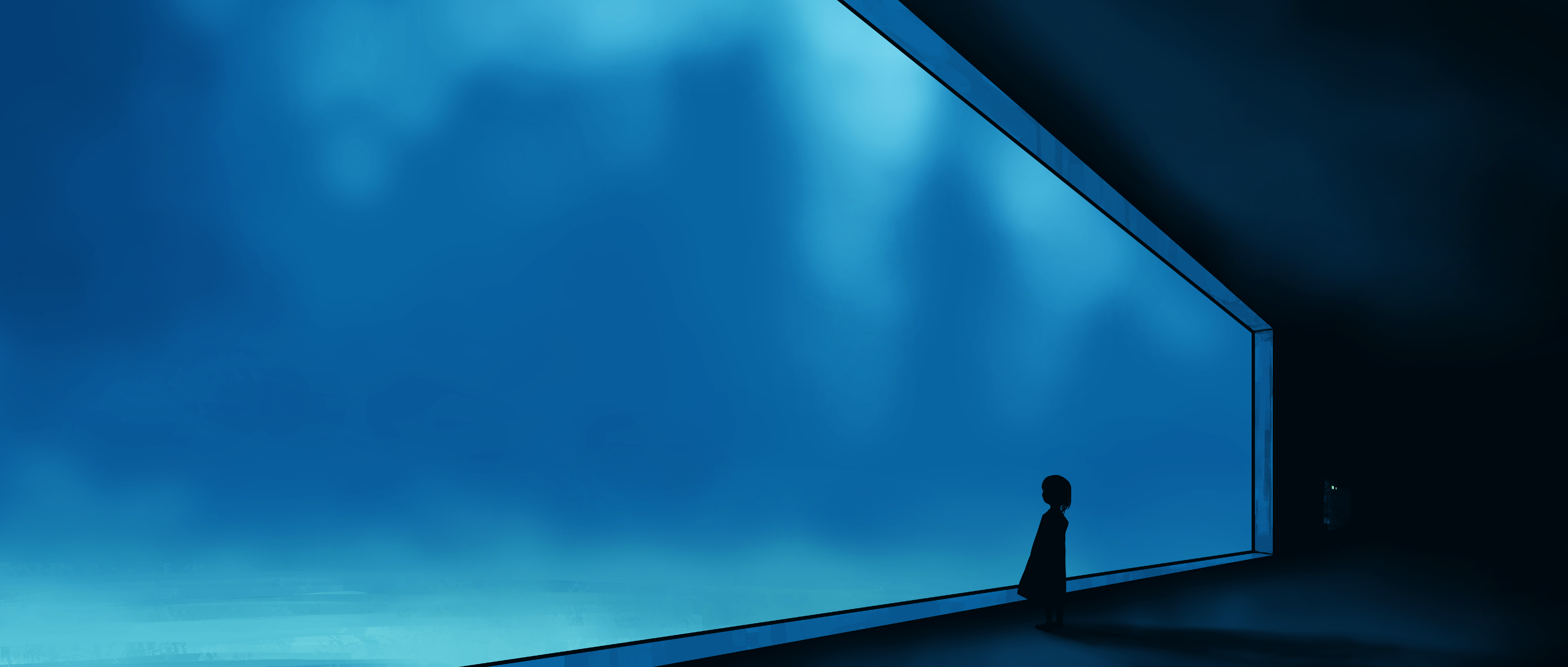 Anime Anime Girls Window Blue Shadow Gracile Pixiv Silhouette Standing Minimalism Simple Background 5640x2400