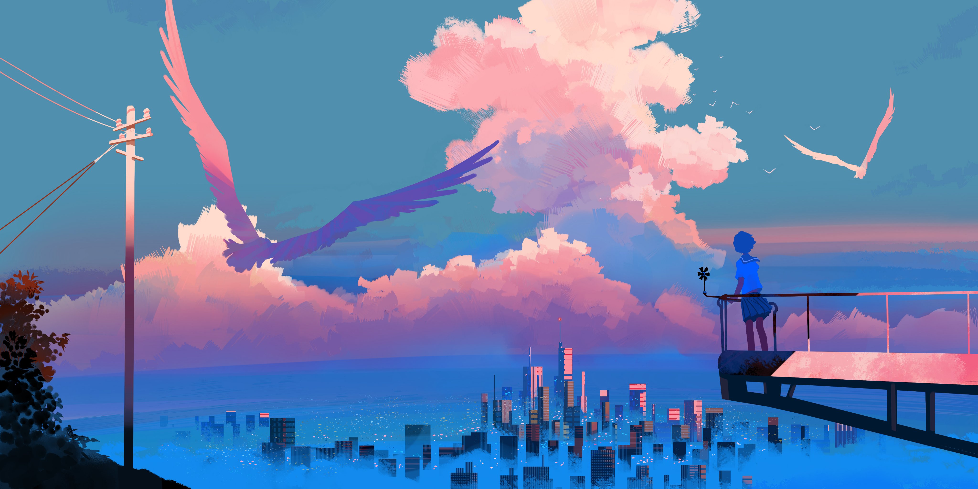 Bangjoy Sunset Clouds Looking Away Digital Painting City Schoolgirl School Uniform Standing 4096x2048