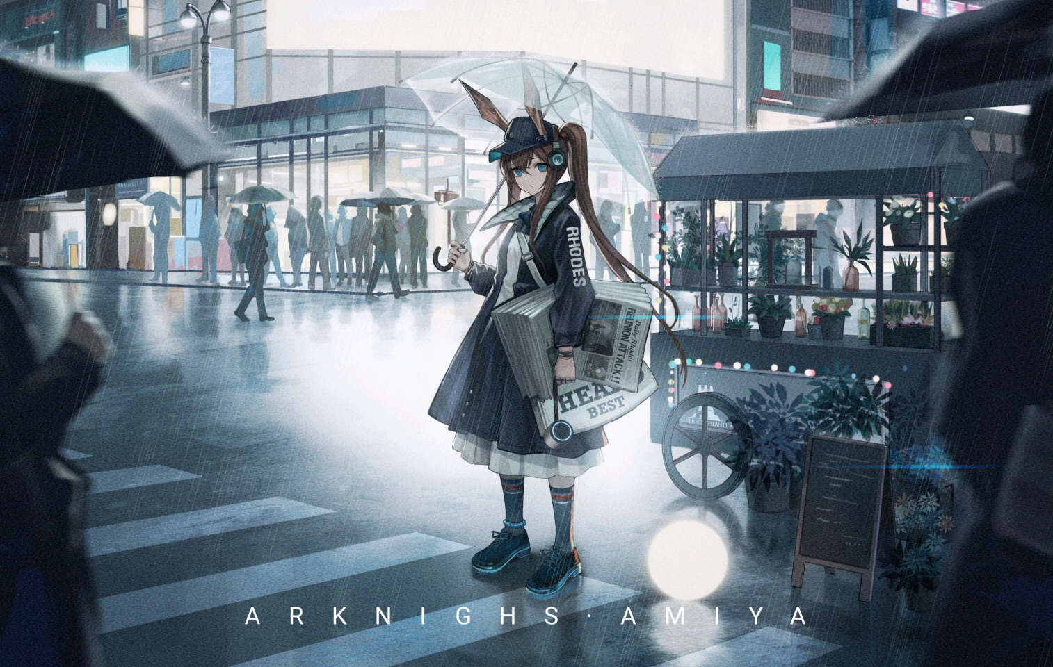Arknights Anime Amiya Arknights Anime Girls Umbrella Rain City Ponytail Horse Girls Animal Ears 1514x960