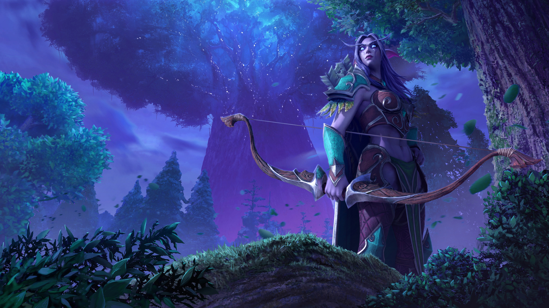Warcraft Night Elves Archer Night Forest Video Games Standing Warcraft Iii Reforged Trees Video Game 1920x1080