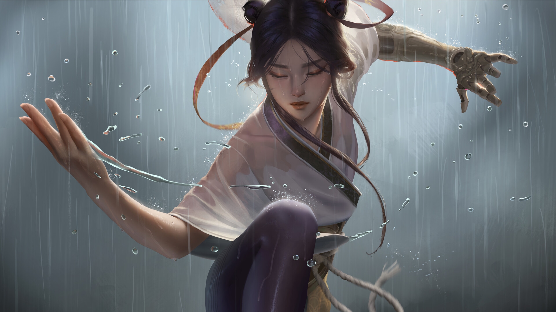 Anime Girls Rain Prosthesis Closed Eyes 1920x1080