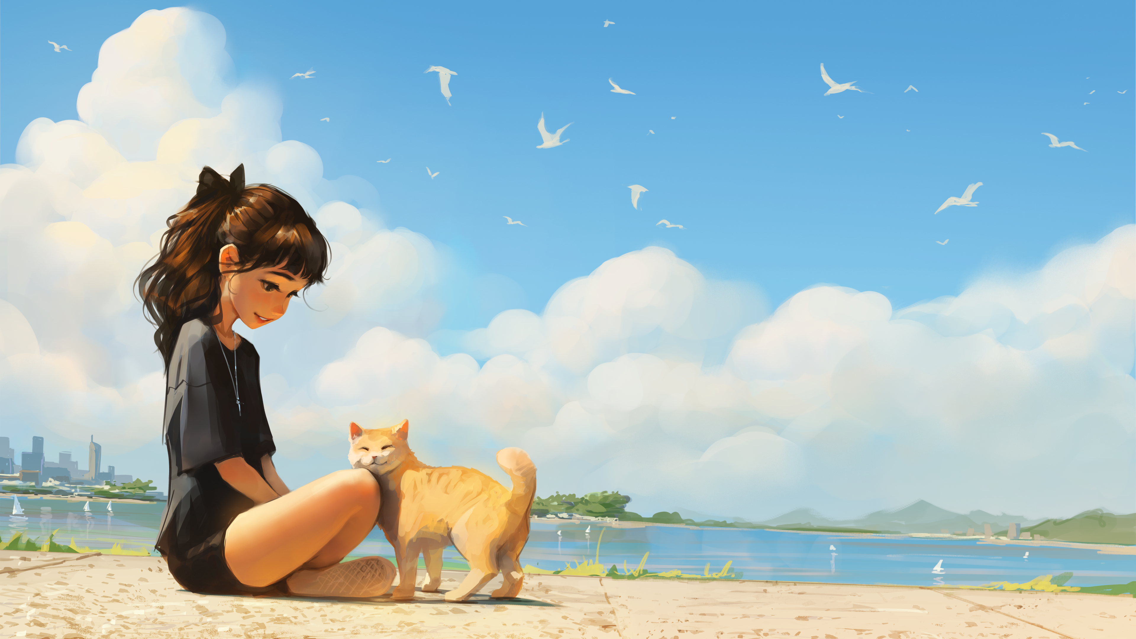 Sam Yang Artwork Cats Ponytail Beach Girl Sitting On Ground 3840x2160