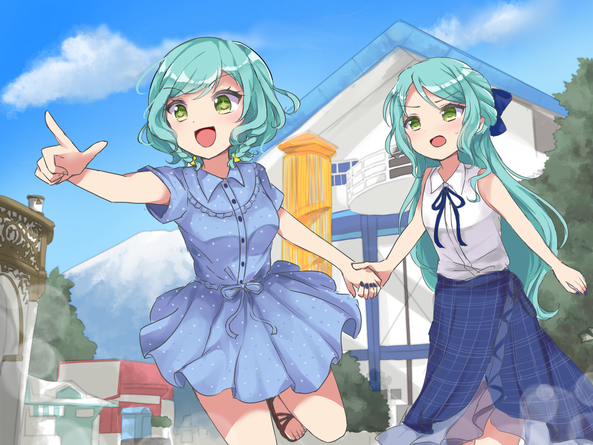 Anime Anime Girls BanG Dream Hikawa Hina Hikawa Sayo Short Hair Long Hair Green Hair Twins Two Women 2000x1500