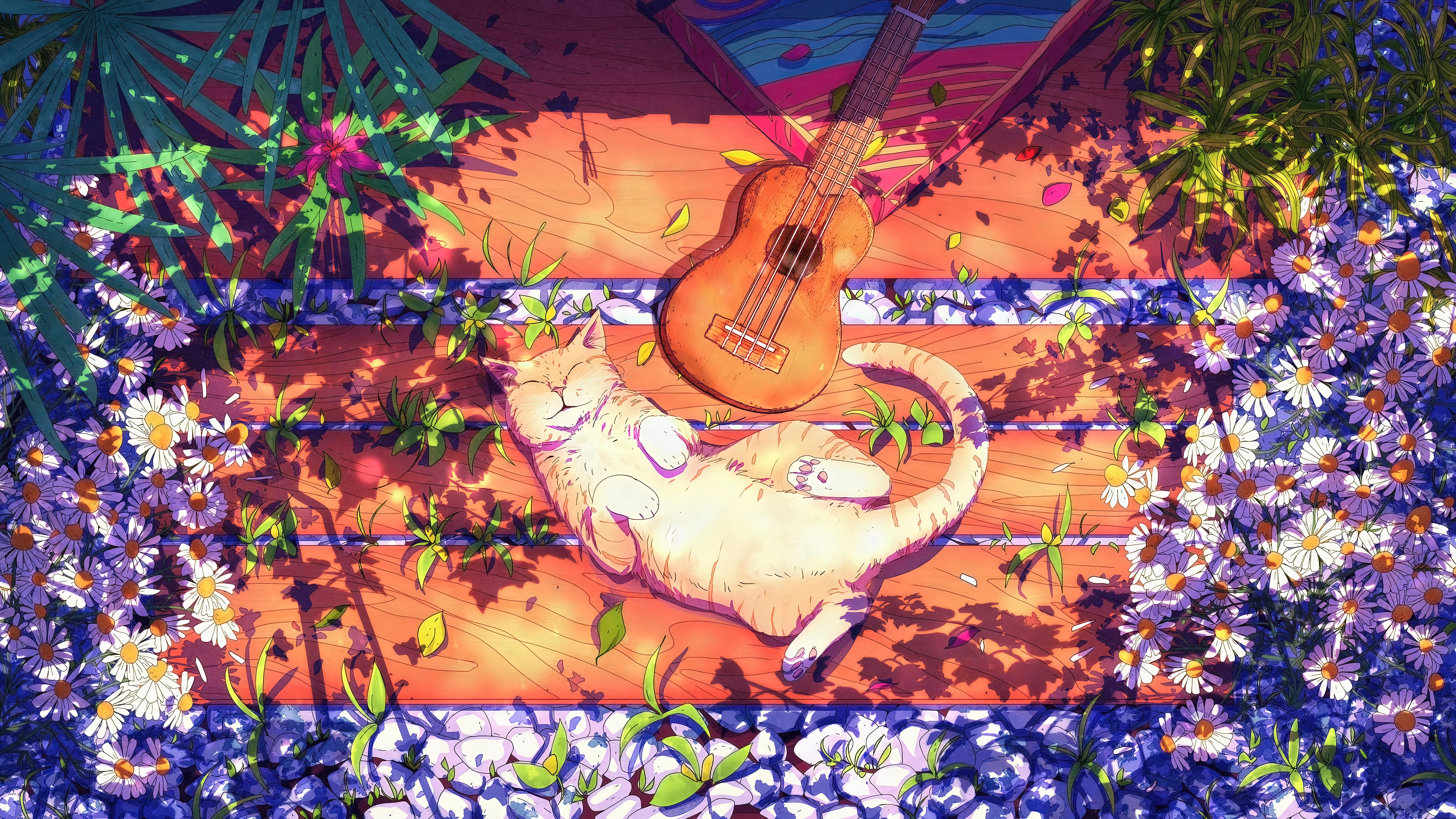 Digital Art ArtStation Cats Ukulele Flowers Musical Instrument Animals Leaves 7680x4320