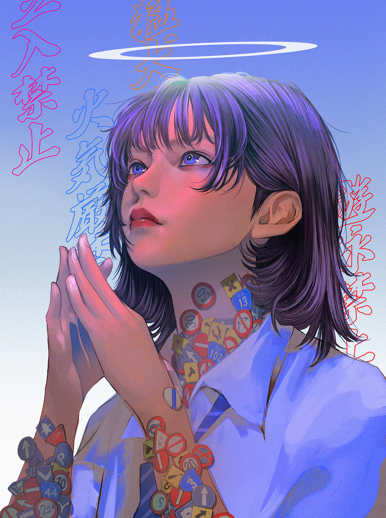 Wataboku Digital Art Artwork Illustration Face Women Short Hair Dark Hair Portrait Stickers Blue Eye 1344x1800