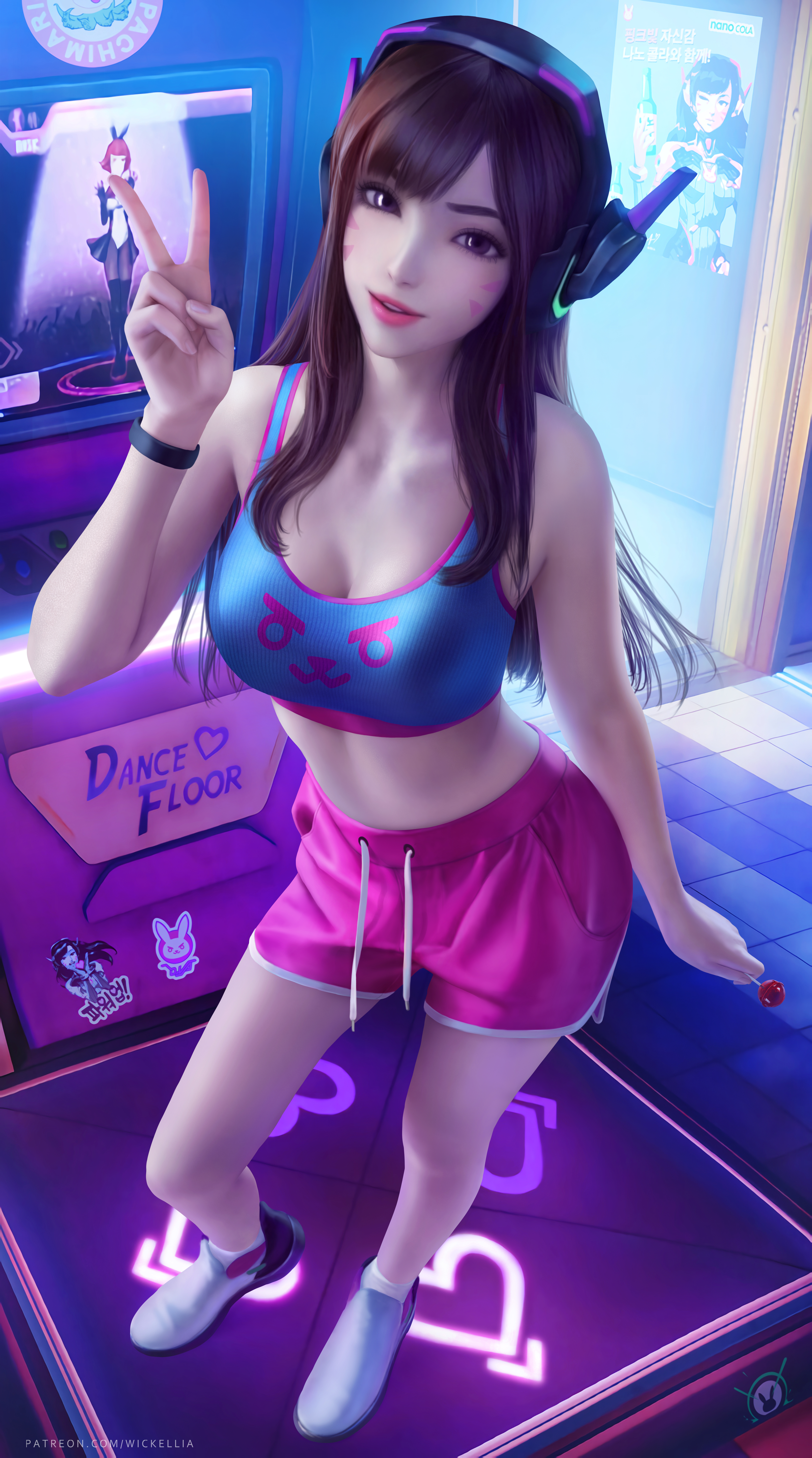 Wickellia Anime D Va Overwatch Overwatch Brunette Headsets Peace Sign Looking At Viewer Dancing Vide 3900x7000